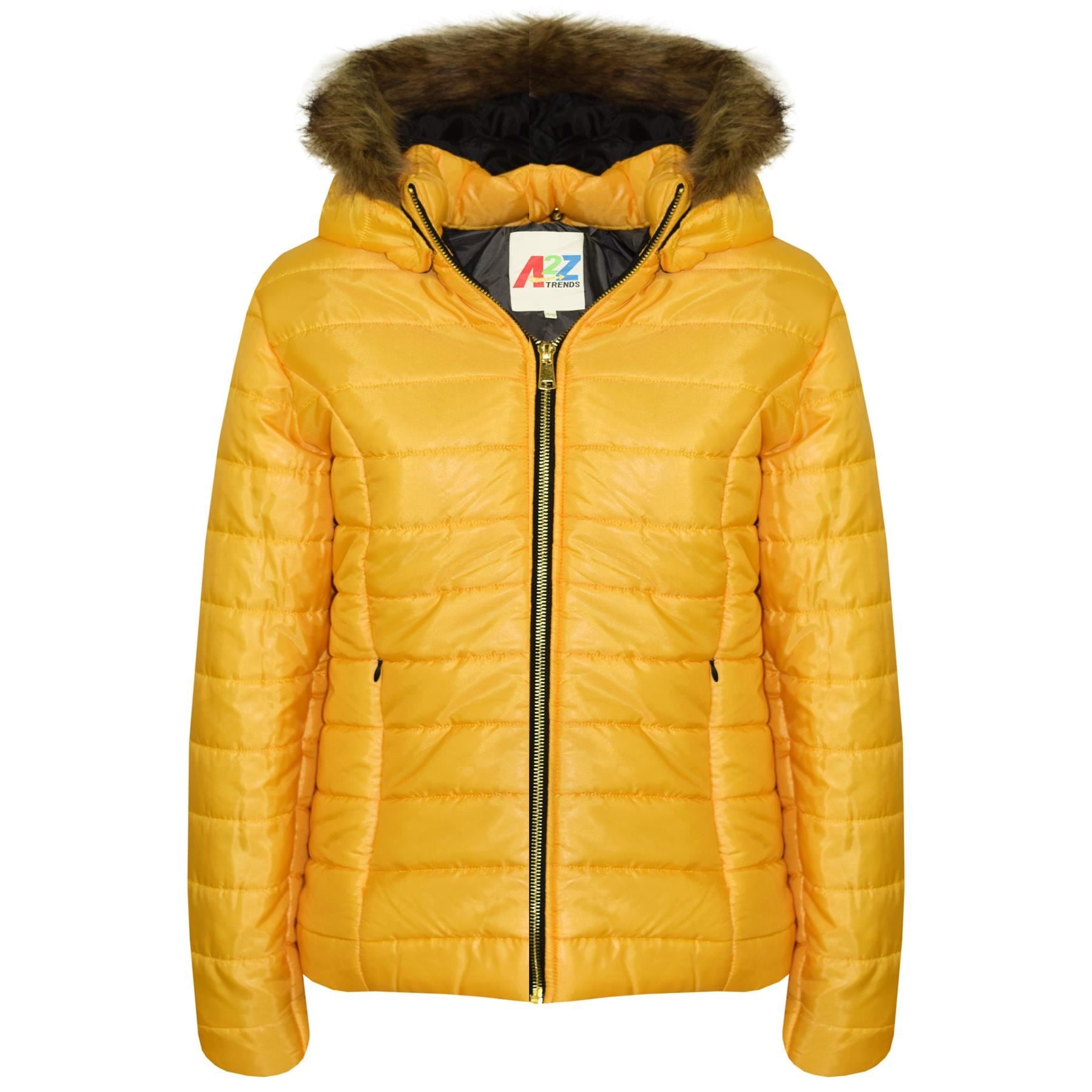 Kids Girls Jackets Mustard Puffer Padded Quilted Detachable Hood Faux Fur Coats