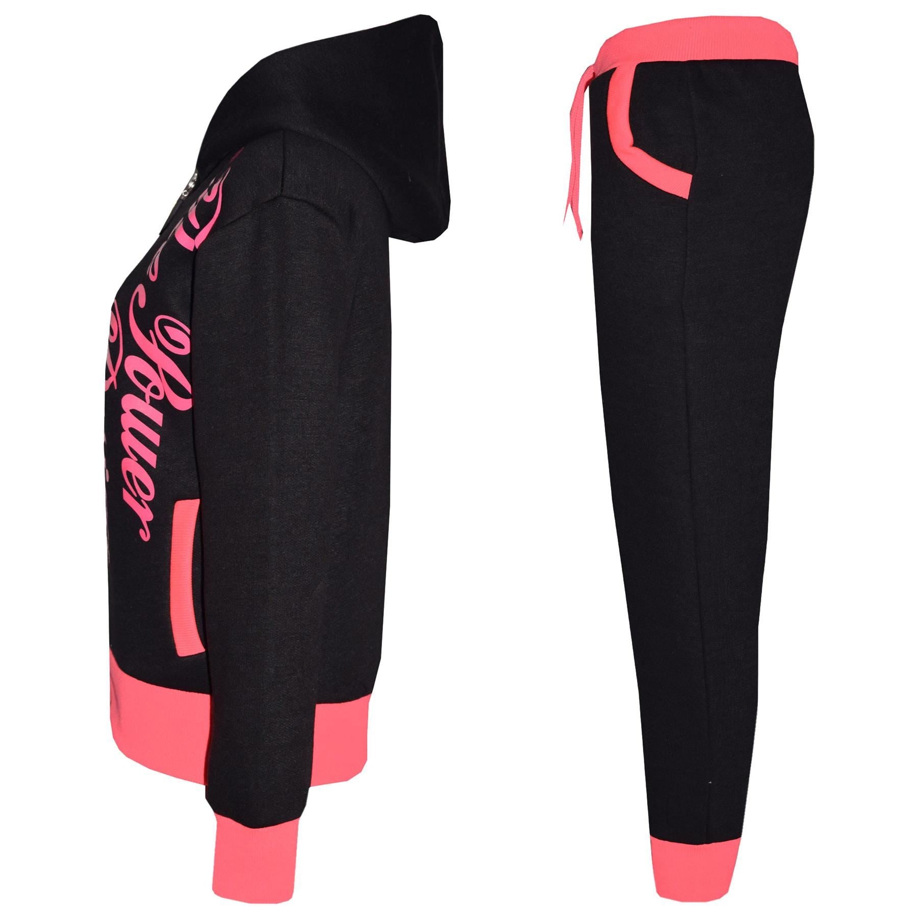 Kids Girls The Power Design Jogger Black & Neon Pink Tracksuit