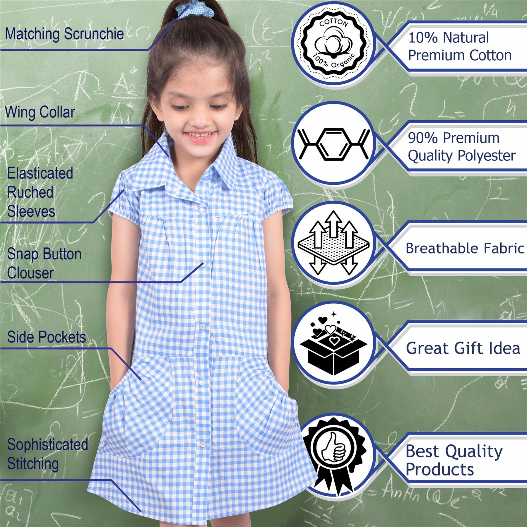 Kids Girls Gingham School Dress Check Printed Dresses With Matching Scrunchies