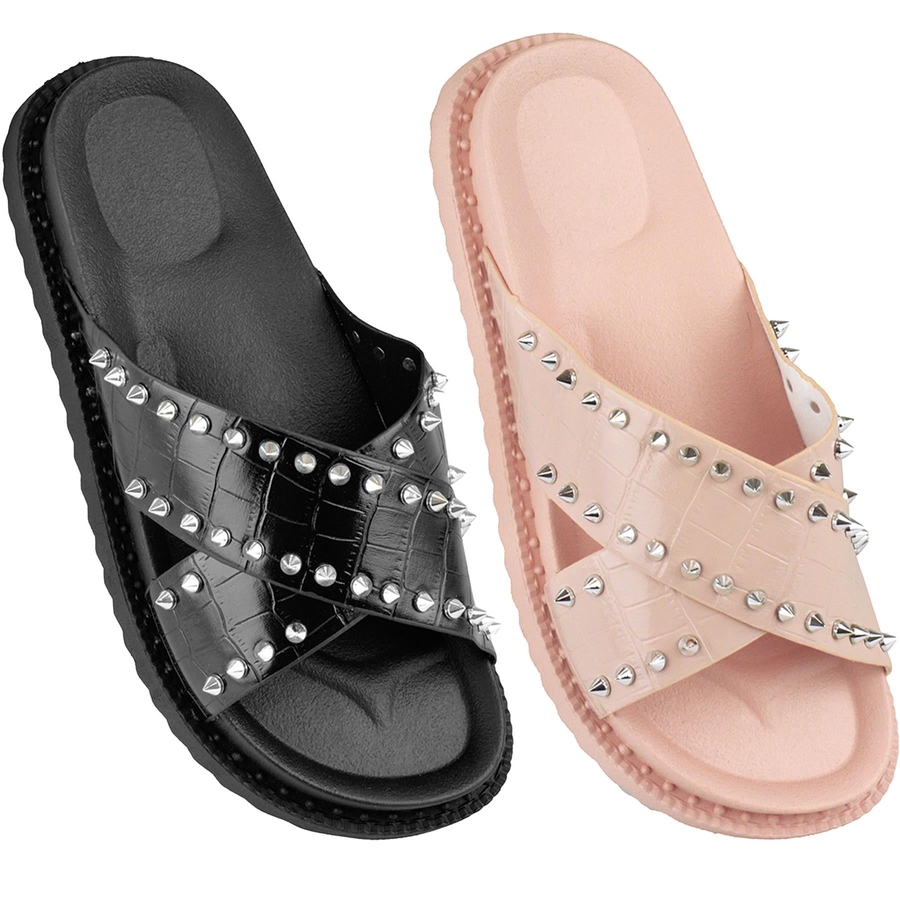 Womens Crossover Strap Slidder With Stud Comfortable Summer Flat Sandals Shoes