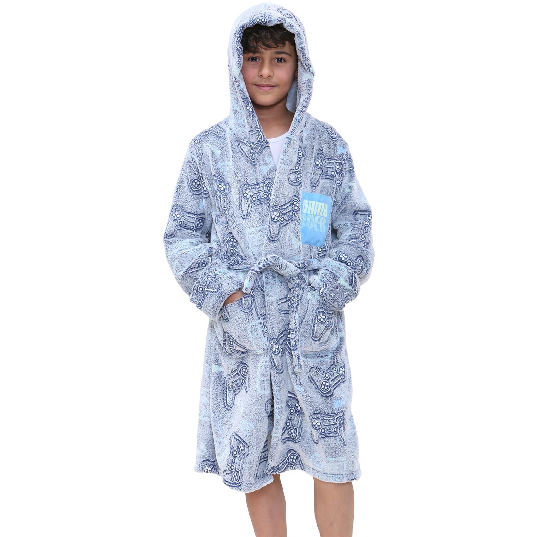 Kids Girls Boys Game Controllers Print Glow In The Dark Soft Navy Hooded Robe