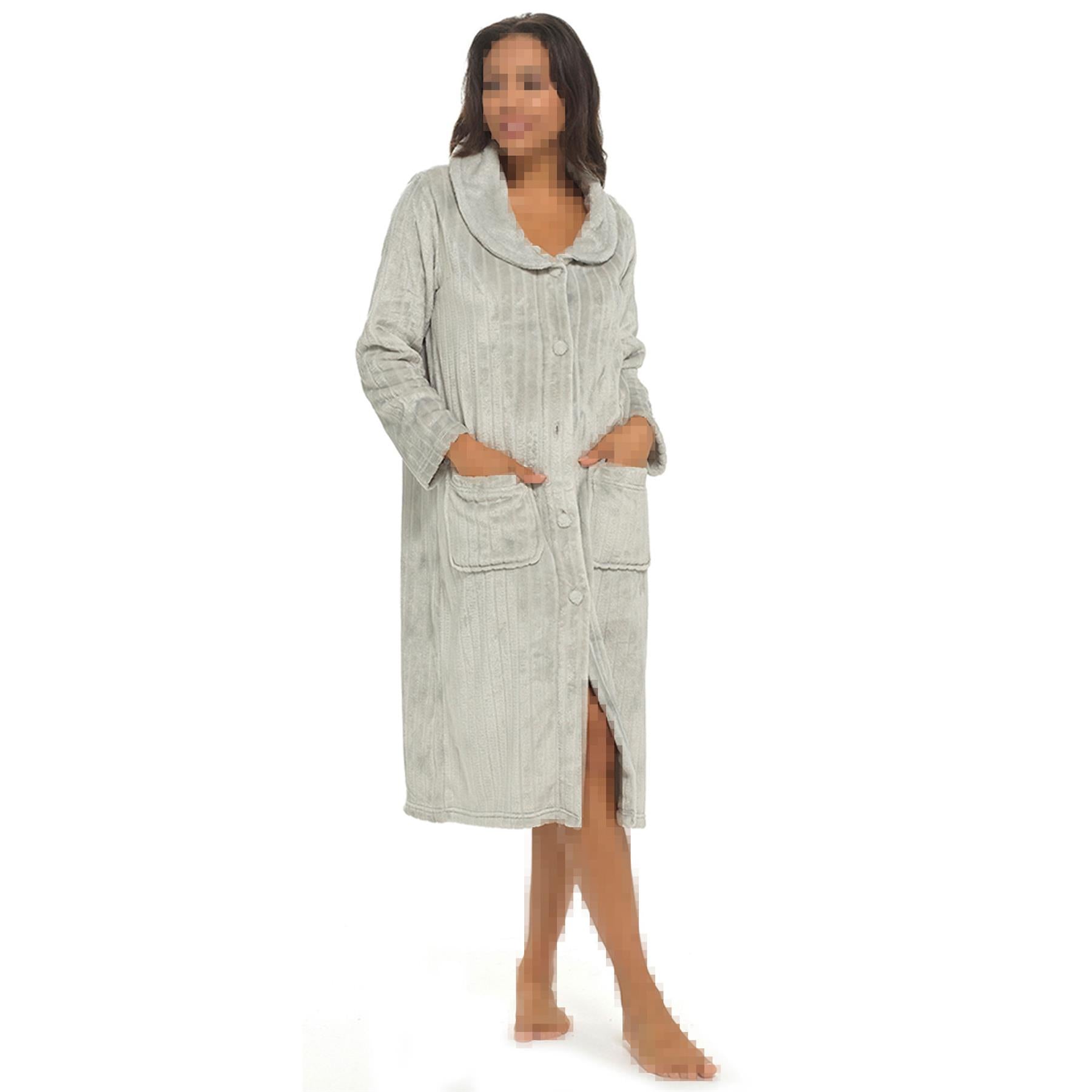 Womens Dressing Gown Soft Fleece Button Fluffy Bathrobe Shawl Collar Ladies Robe