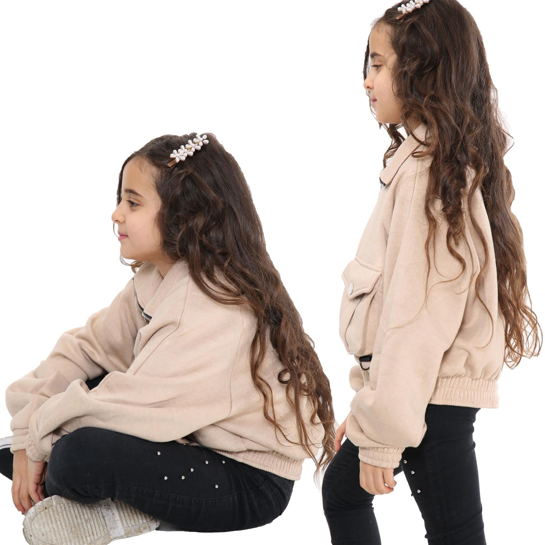 Kids Girls Plain Zip Up Cropped Stone Jackets Utility Pockets Fleece Coats 7-13Y