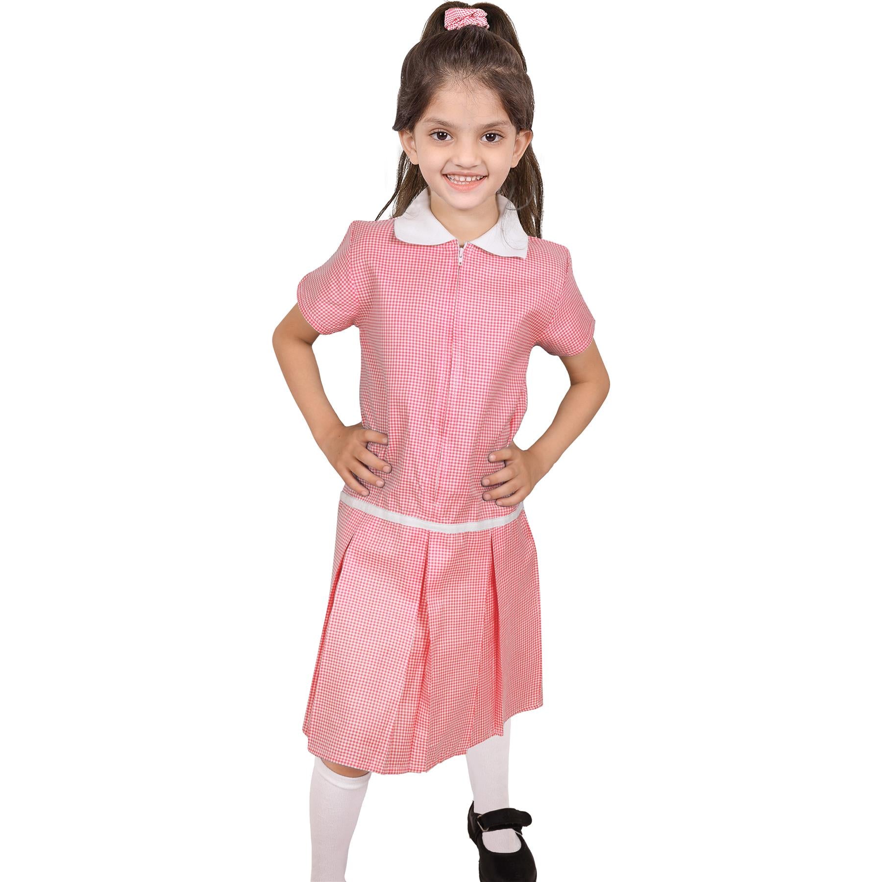 Kids Girls Gingham School Dress Zip Up Check Dresses With Matching Scrunchies