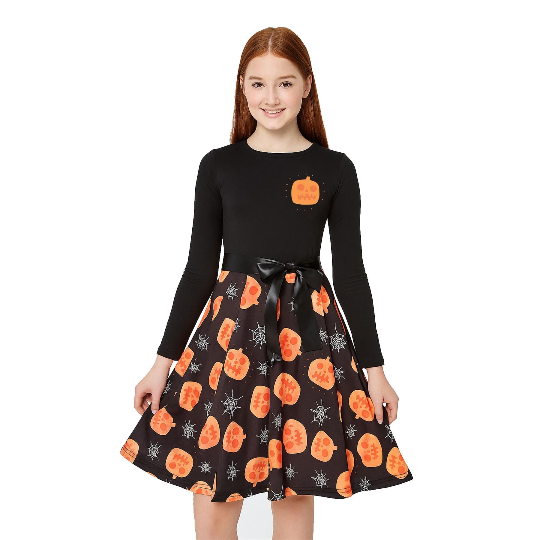 Girls Long Sleeves Black Panelled Pumpkins Print Halloween Skater Dress