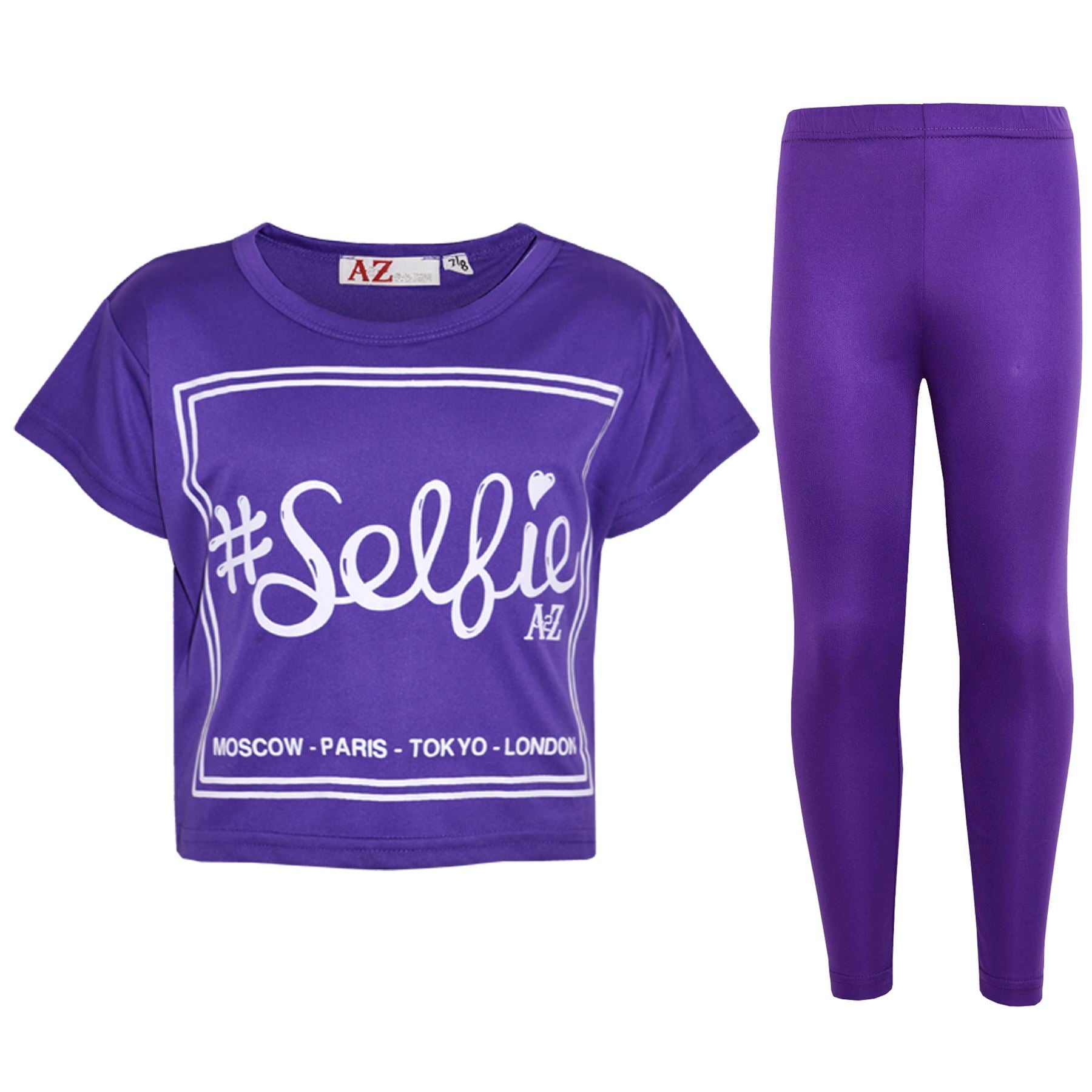 Girls Top Kids #Selfie Print Stylish Crop Top & Fashion Legging Set 7-13