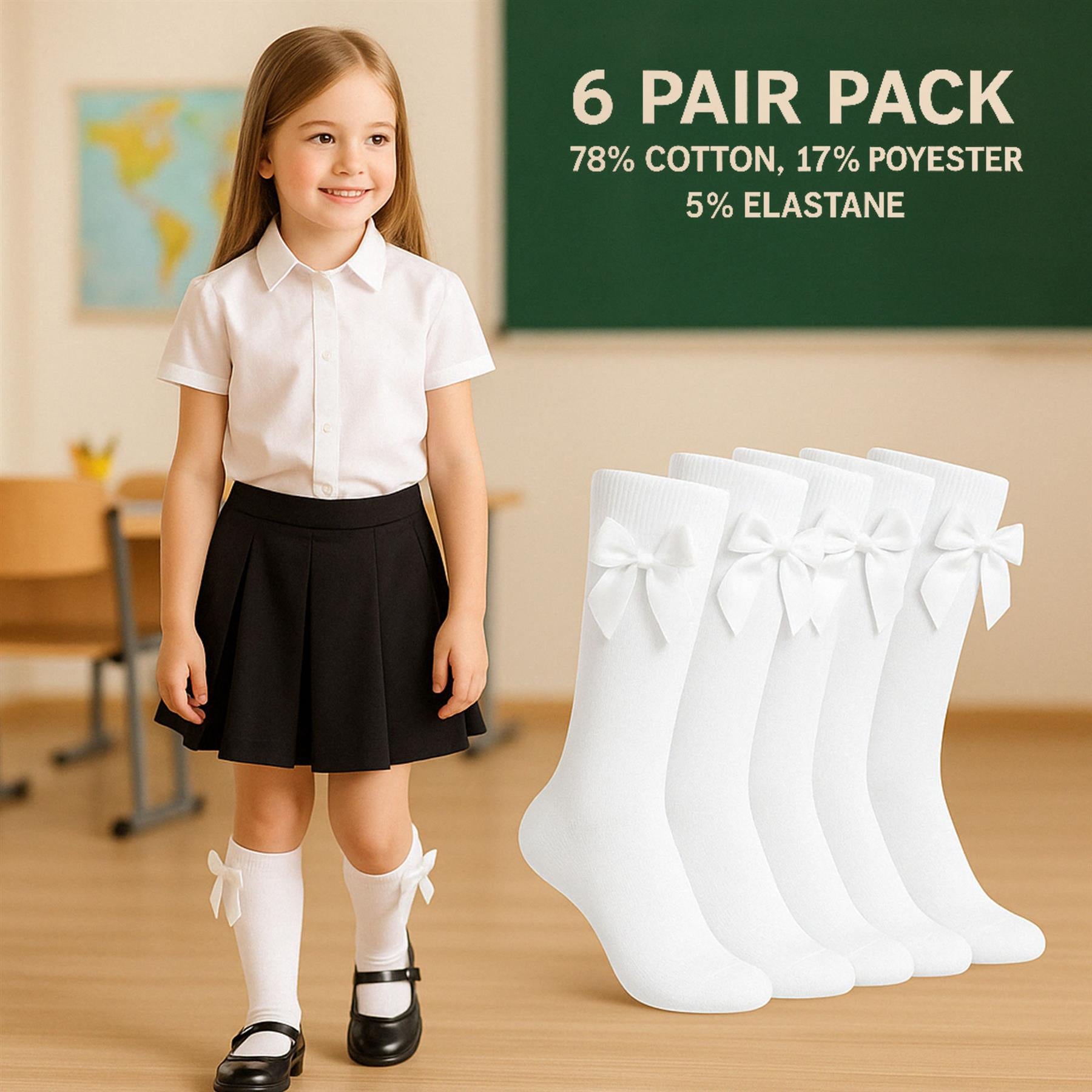 A2Z 4 Kids Girls 6 Pack Plain Knee High Socks With Ribbon Bow School Socks