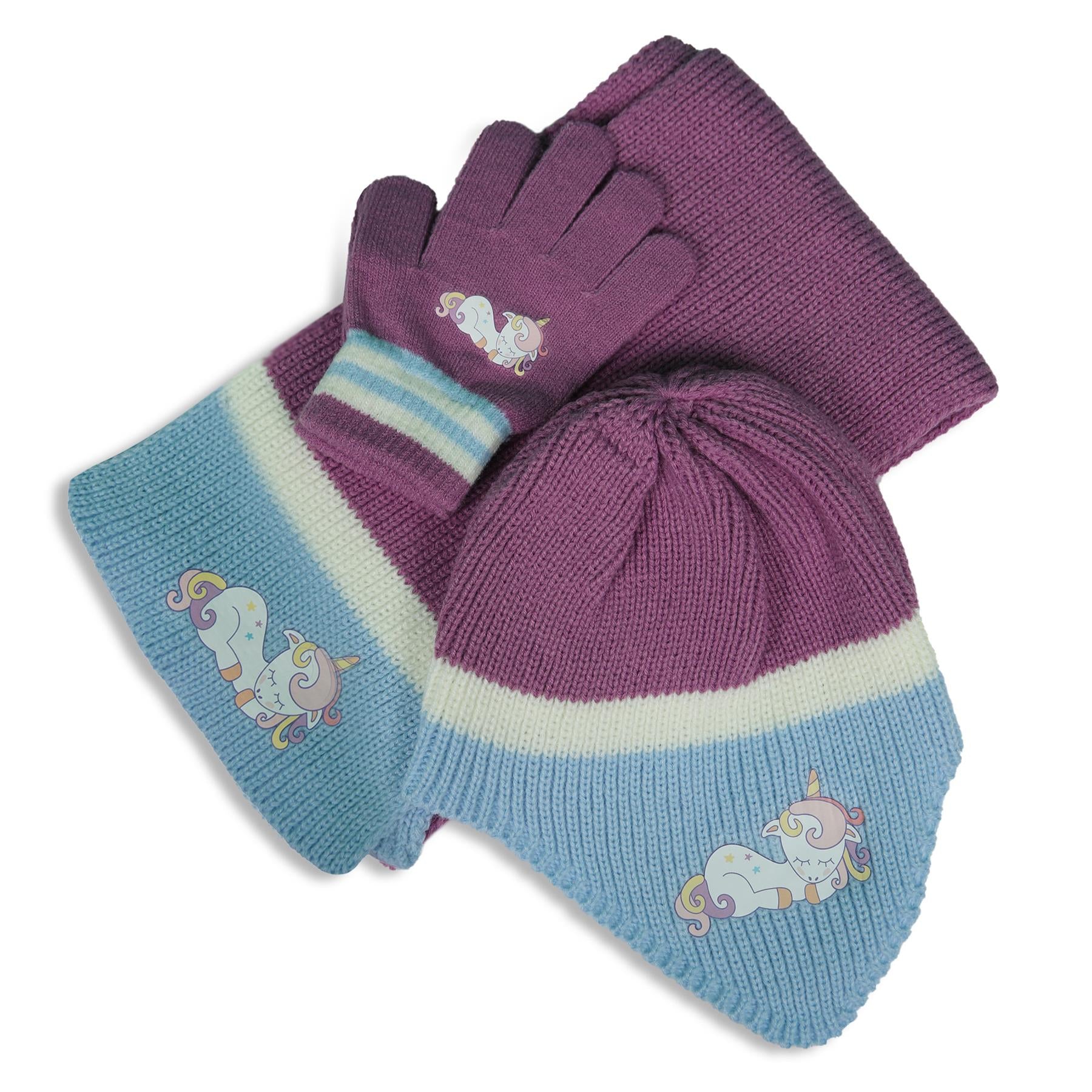 Kids Girls Hat Scarf Gloves Set Winter Warm Knitted Scarf Beanie Ear Flap Cap