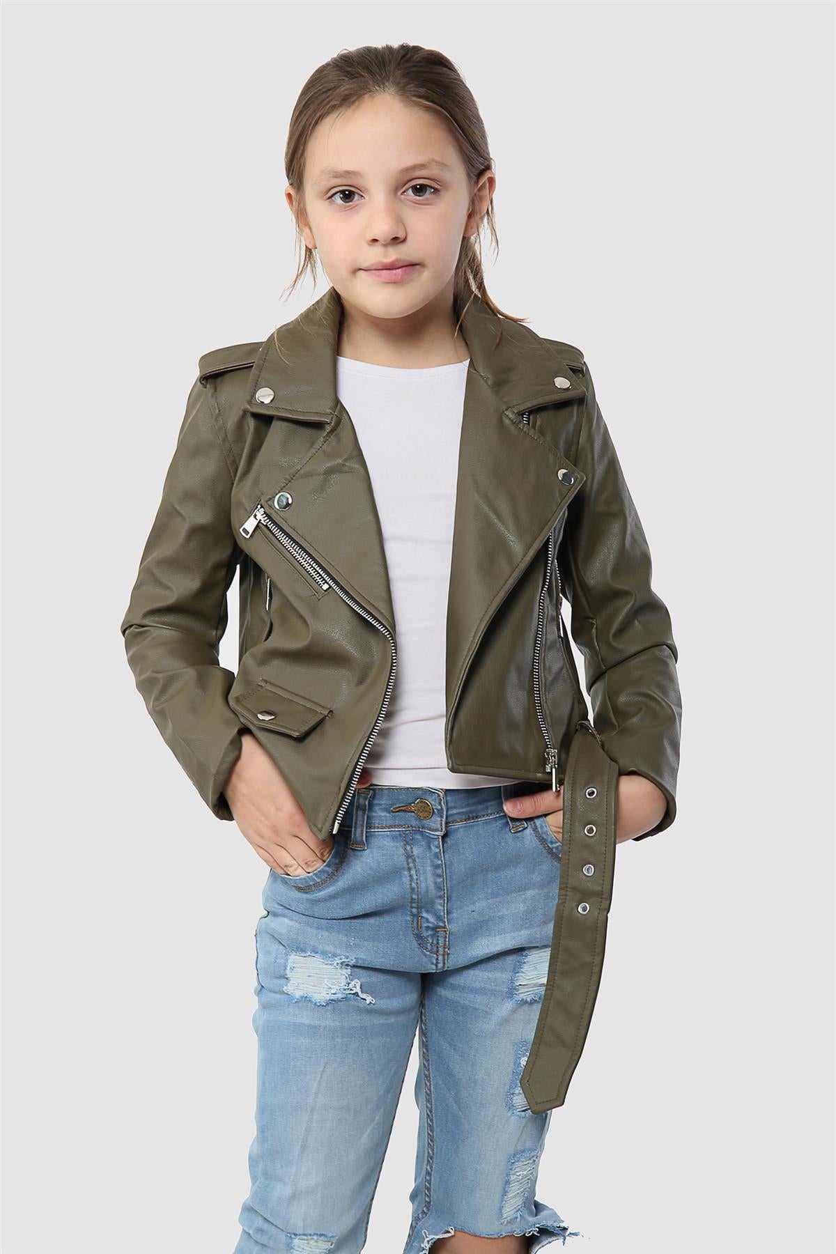 Kids Girls Jackets PU Leather Jacket Zip Up Coats