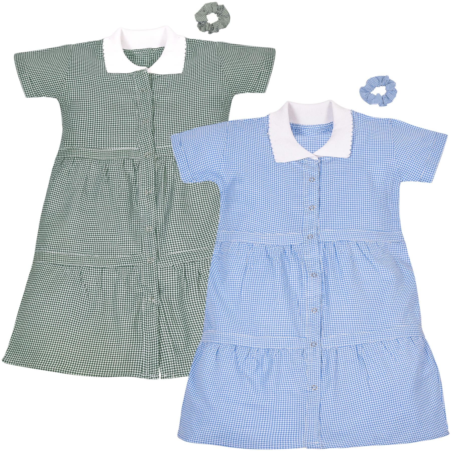 Kids Girls 2 Pack Gingham School Dress Check Button Up Tiered Dresses With Scrunchies