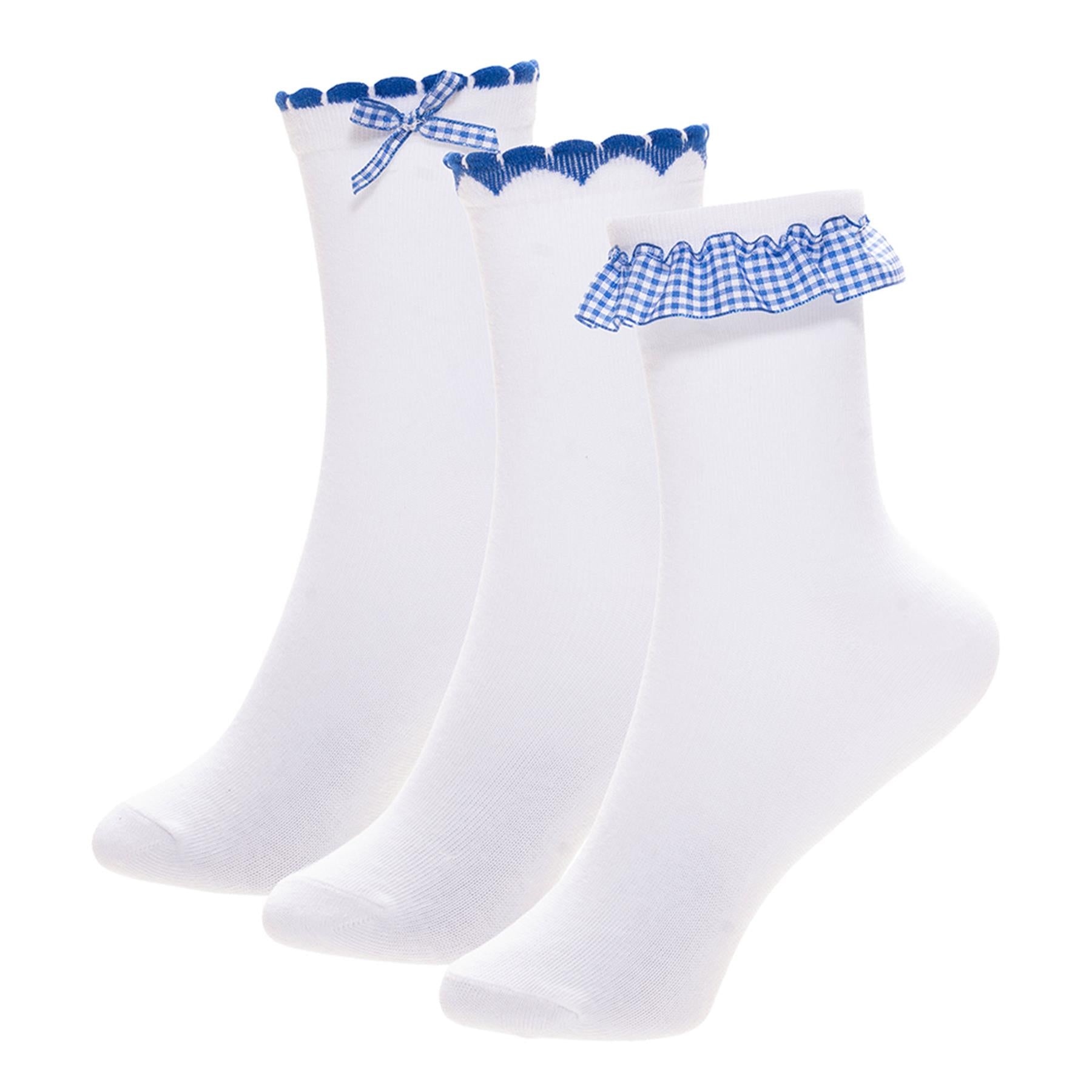 A2Z 4 Kids Girls 3 Pack Gingham Lace Trim Frill & Bow School Ankle Socks