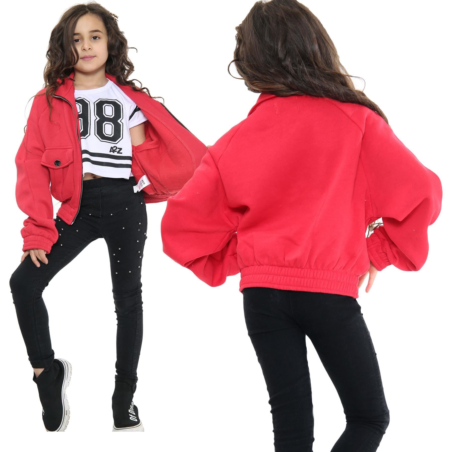 Kids Girls Plain Zip Up Cropped Jackets Utility Pockets Fleece Collared Coats