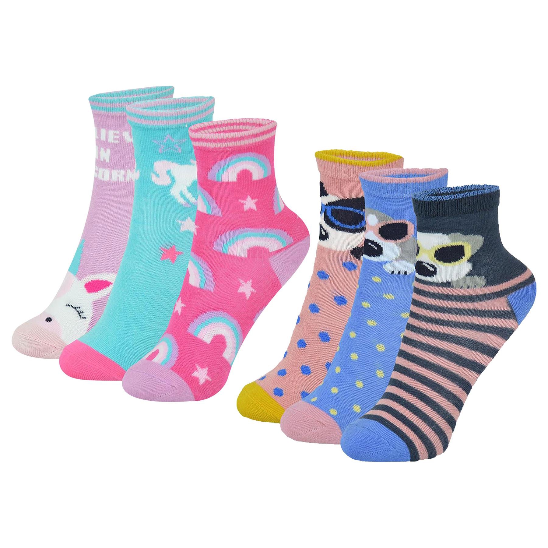 Kids Girls Bamboo Dog and Unicorn Animal Socks Pack of 3 Kids Footwear 2-10 Yr