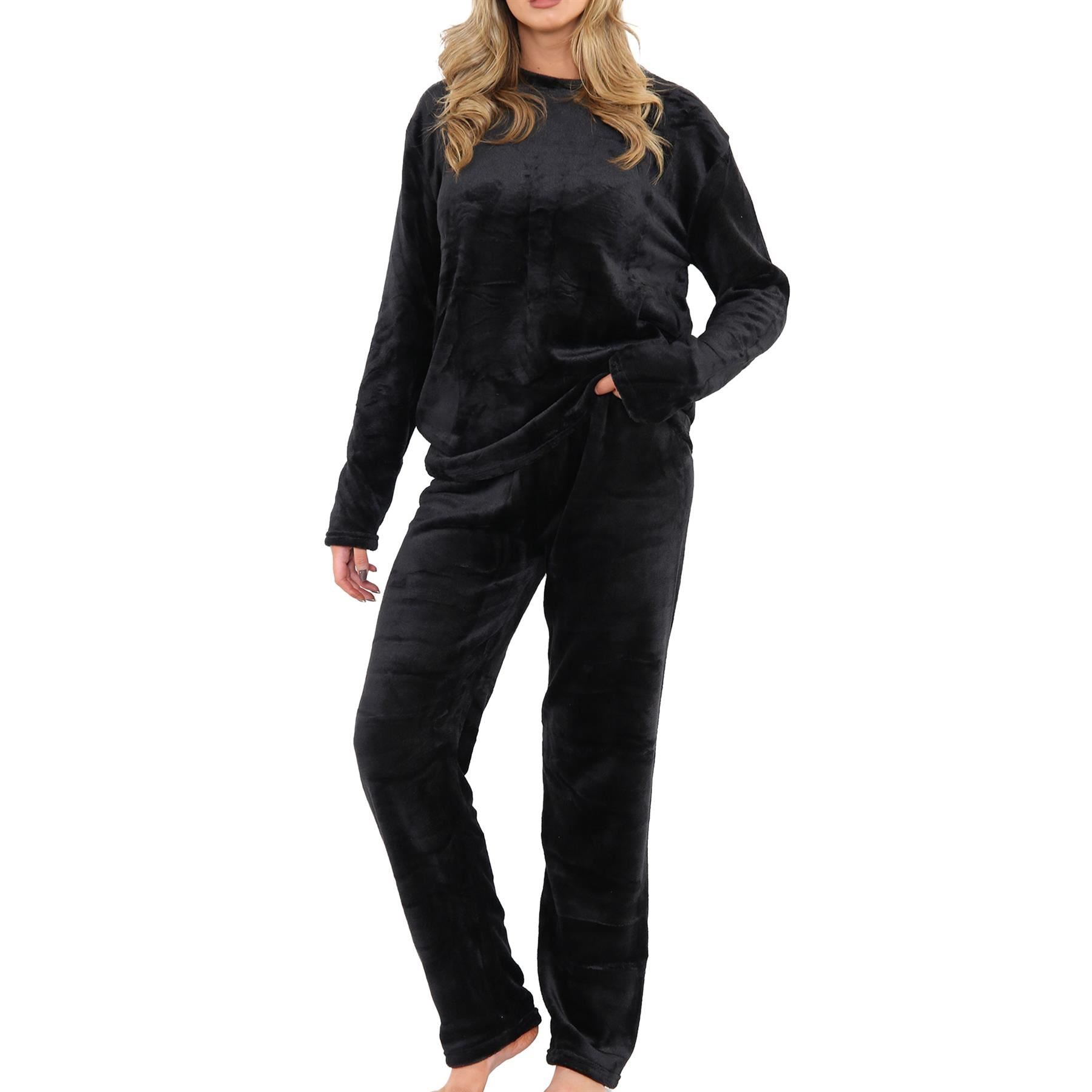 Ladies Pyjamas Soft Warm Fleece Adults Crew Neck Pyjamas 2 Piece Gift Set