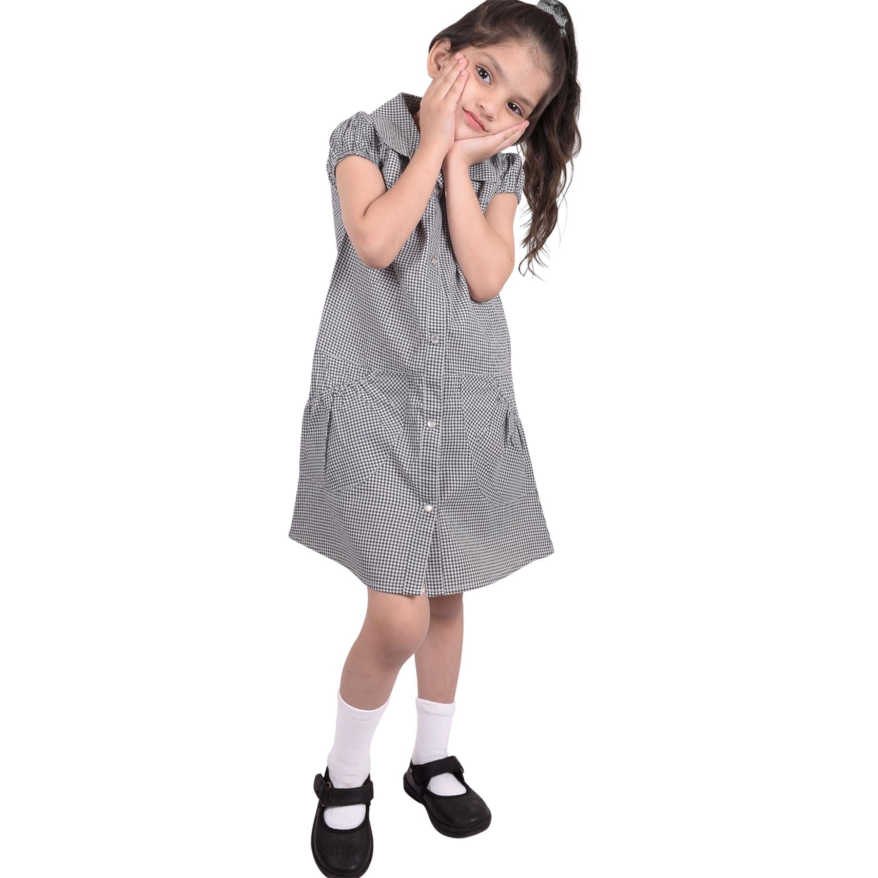 Girls Uniform School Dress Gingham Check Printed Dress With Matching Scrunchies