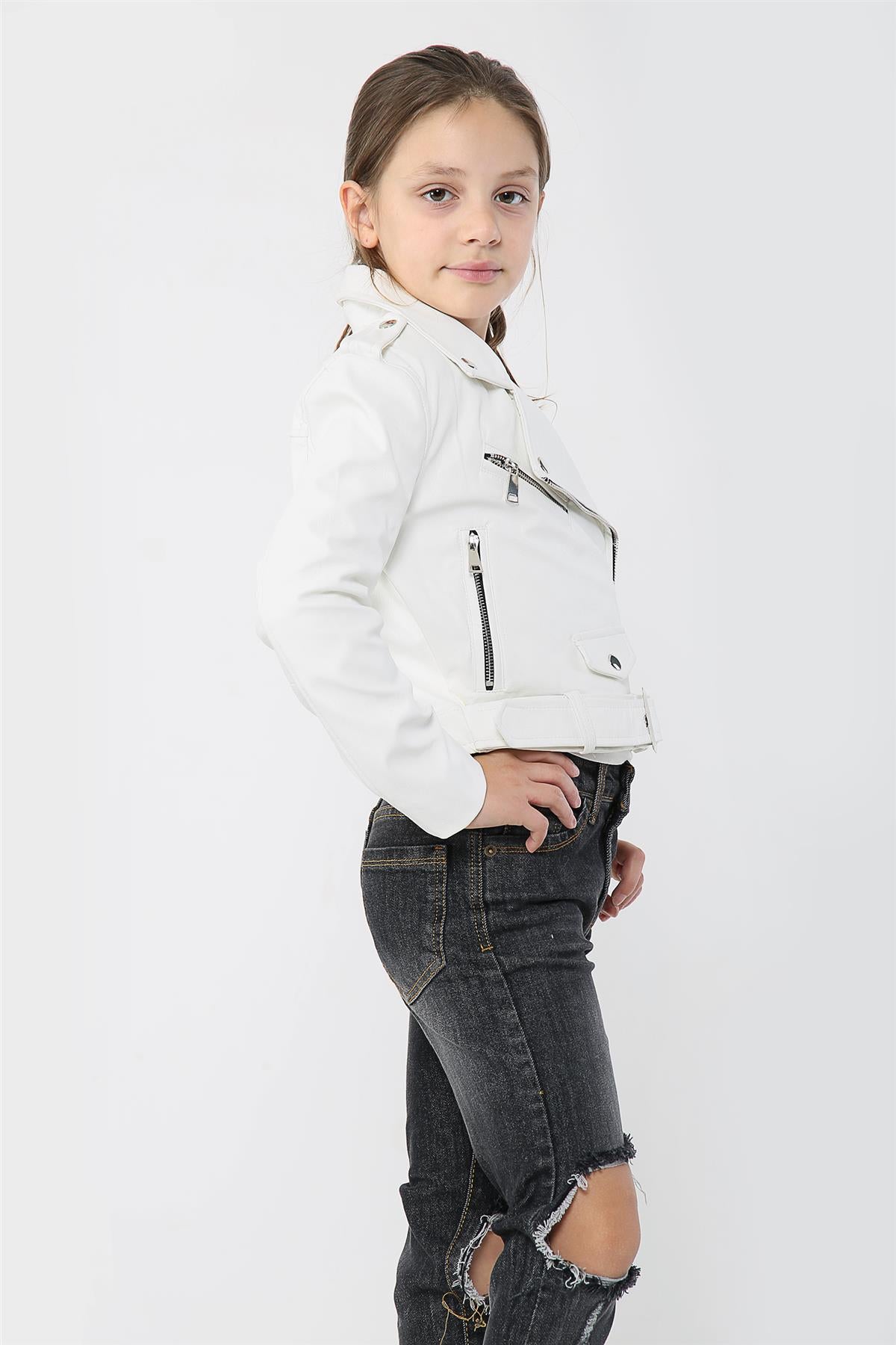 Kids Girls Jackets PU Leather Jacket Zip Up Coats