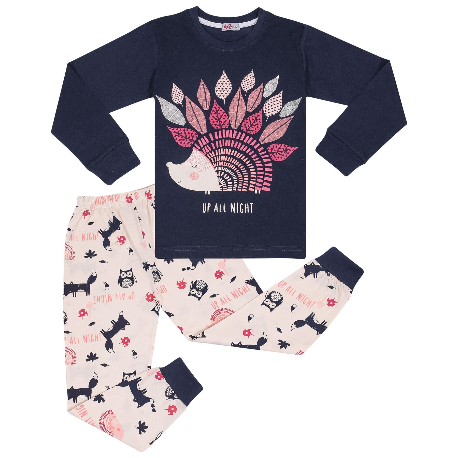 Kids Girls Pyjamas Up All Night Print Navy Lounge Suit Set