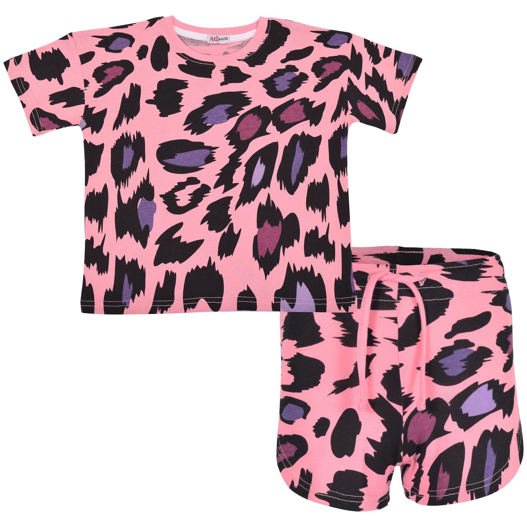 Kids Leopard Shorts Set Girls Short Sleeve Crop Top Outfits Set Age 5-13