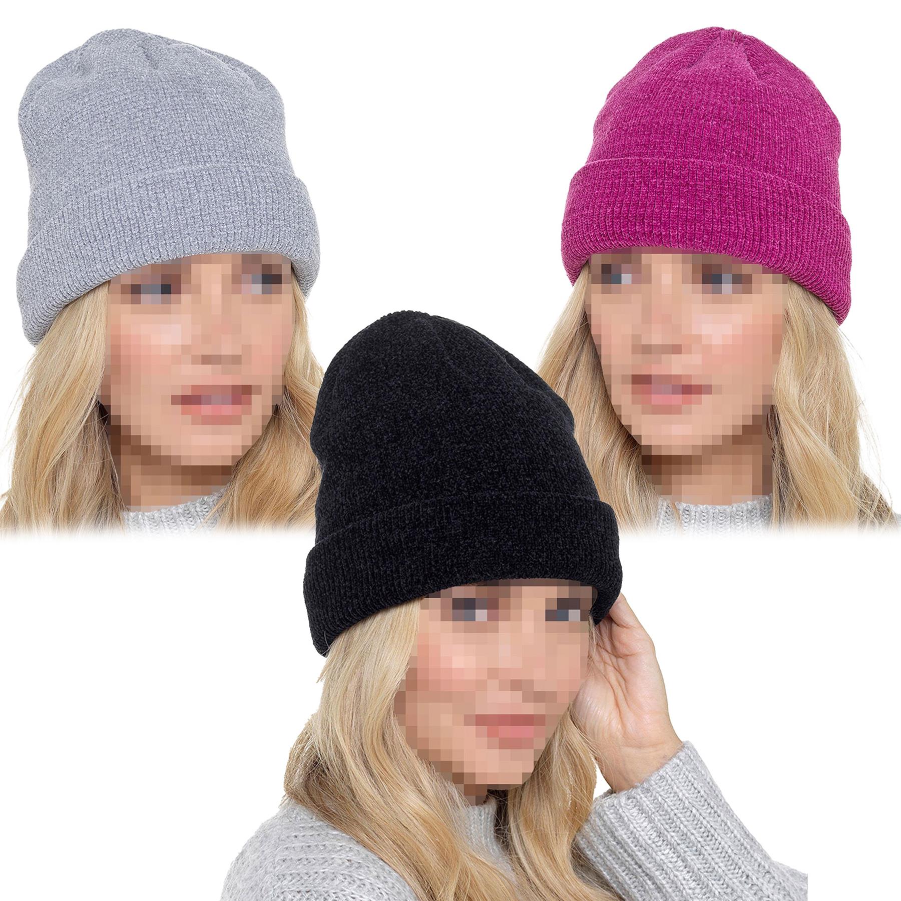 A2Z Ladies Hats 3 Pack Chenille Knit Beanie Stretchy Soft Winter Warm Cozy Caps