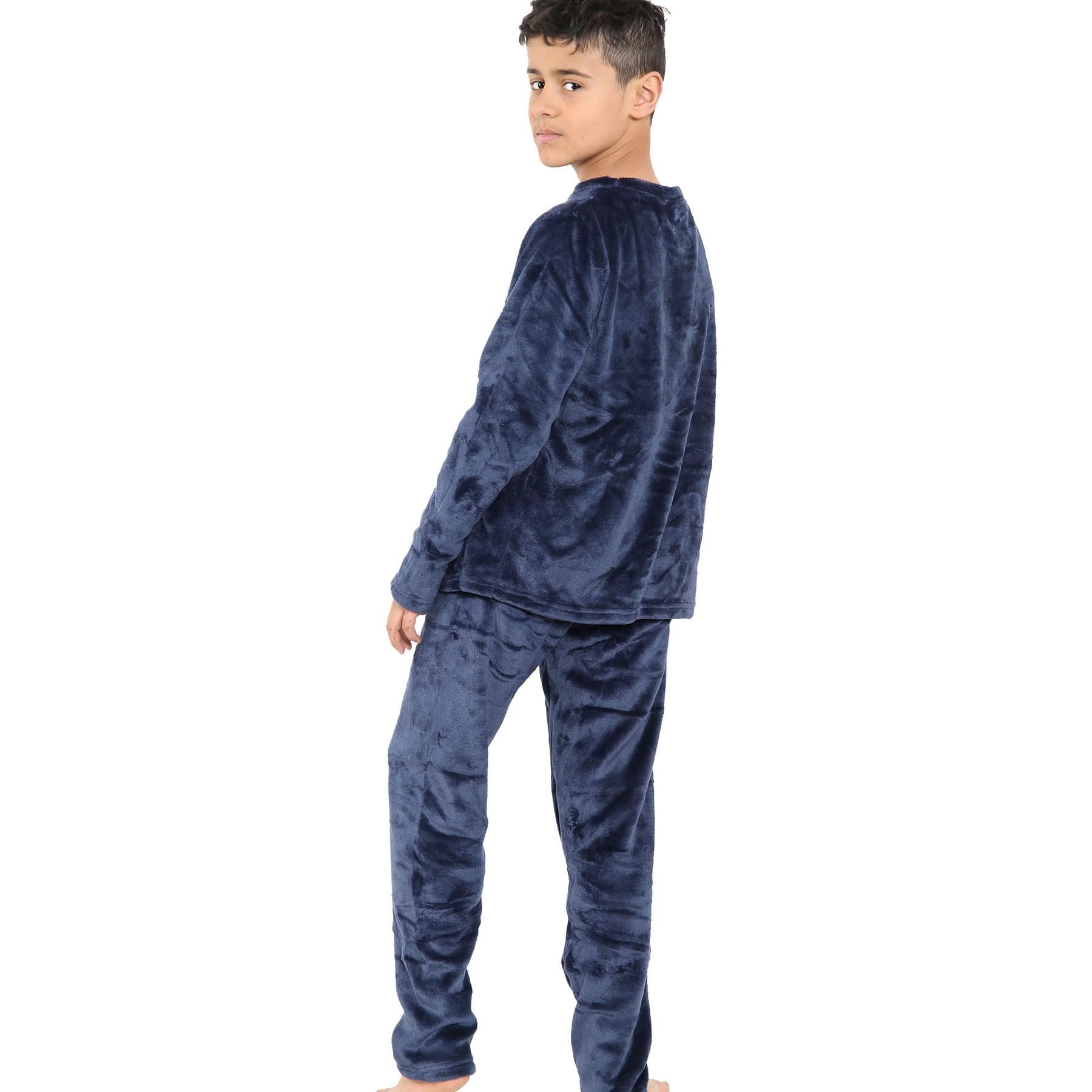 Kids Boys Girls Plain Crew Neck Warm Fleece Pyjamas 2 Piece PJS Set