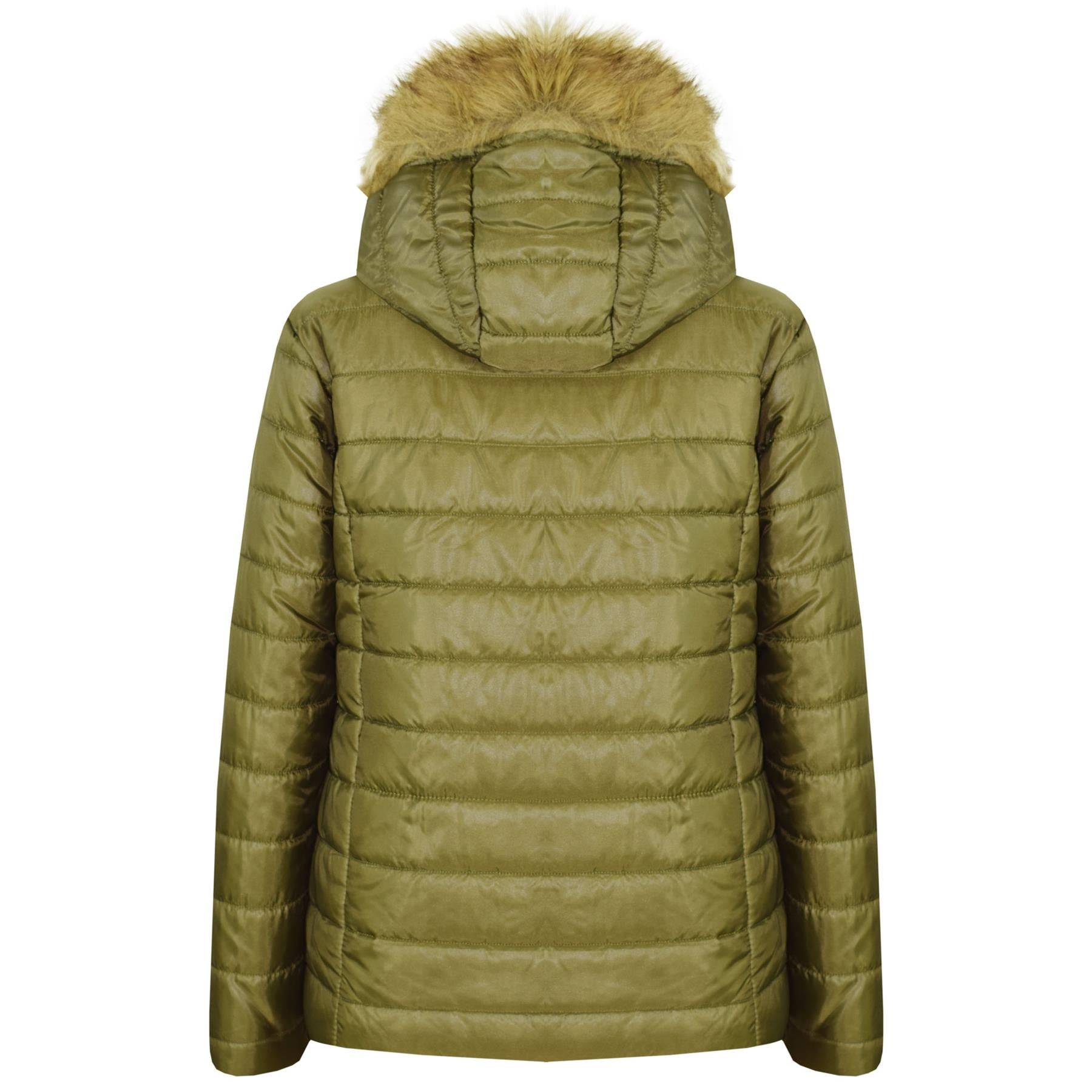 Kids Girls Jackets Olive Puffer Padded Quilted Detachable Hood Faux Fur Top Coat