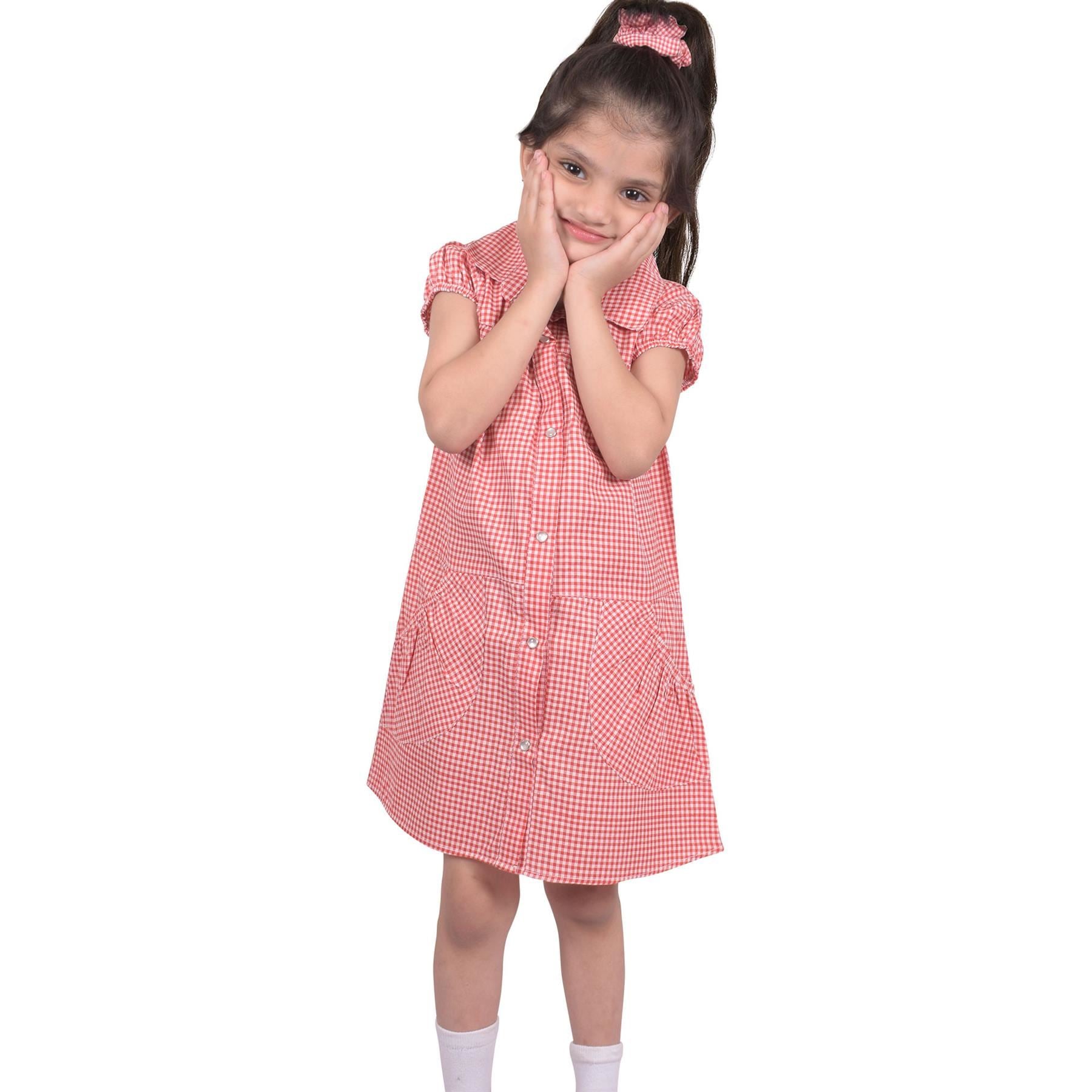 Kids Girls Gingham School Dress Check Printed Dresses With Matching Scrunchies