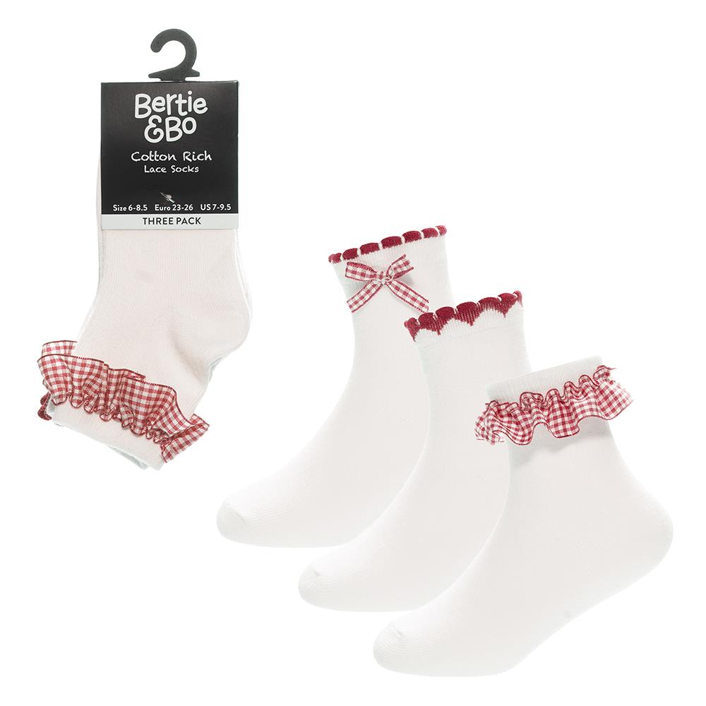 A2Z 4 Kids Girls 3 Pack Gingham Lace Trim Frill & Bow School Ankle Socks