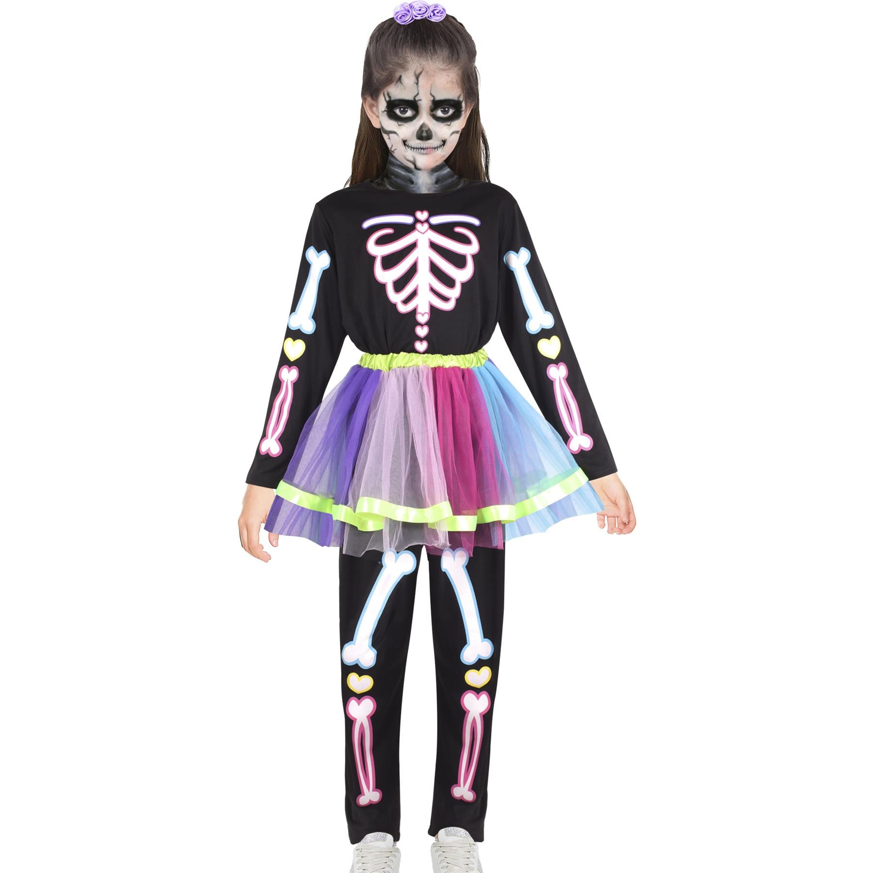 Kids Girls Skeleton Costume With Rainbow Tutu Halloween Parties Fancy Dress