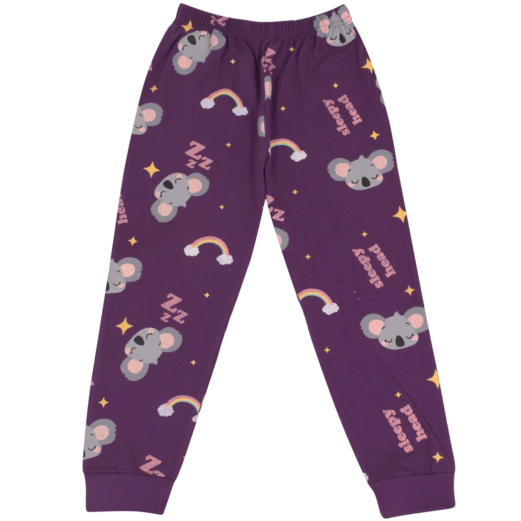 Kids Girls Pyjamas Rainbow & Koala Print Purple Lounge Suit Set