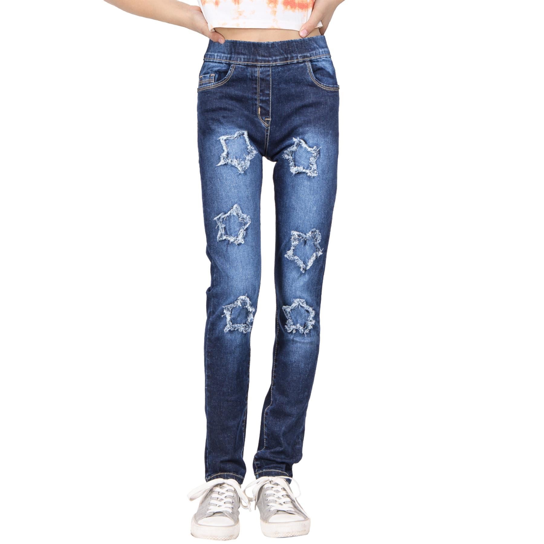 Kids Girls Comfort Stretchy Stars Ripped Fashion Denim Jeans