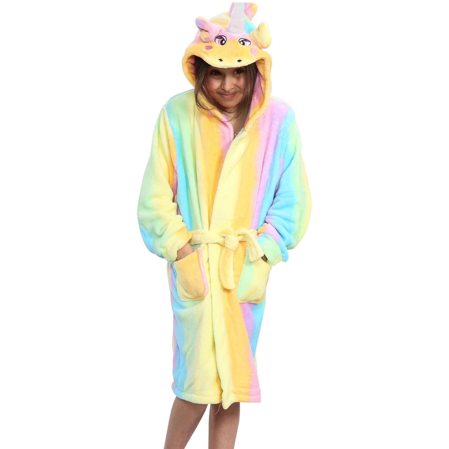 Kids Girls Unicorn Rainbow Print Hooded Bathrobe 3D Xmas Gown