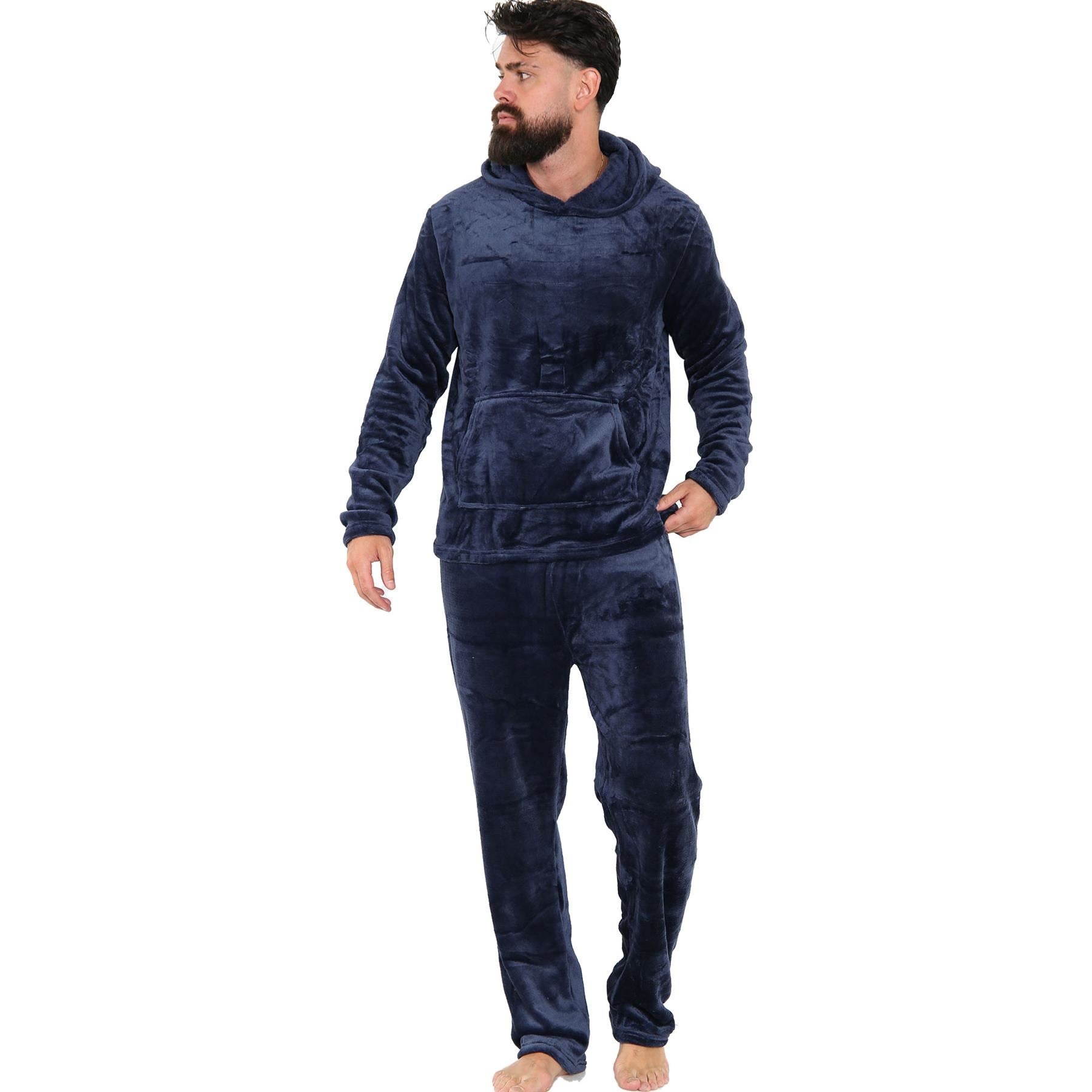 Mens Pyjamas Set Long Sleeve Hooded Plain Soft Fleece Pyjamas Set