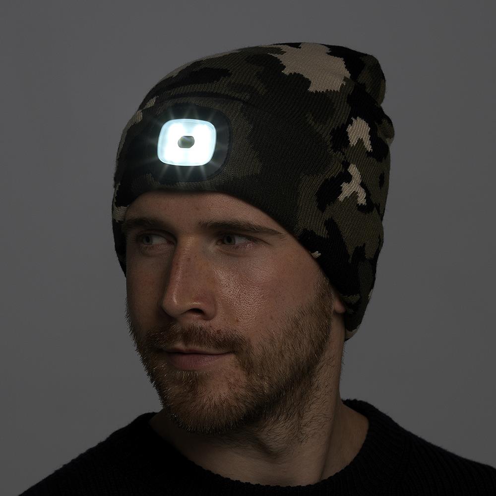 A2Z Mens LED Hat Camouflage Knitted Beanies Caps USB Rechargeable LED Torch Cap