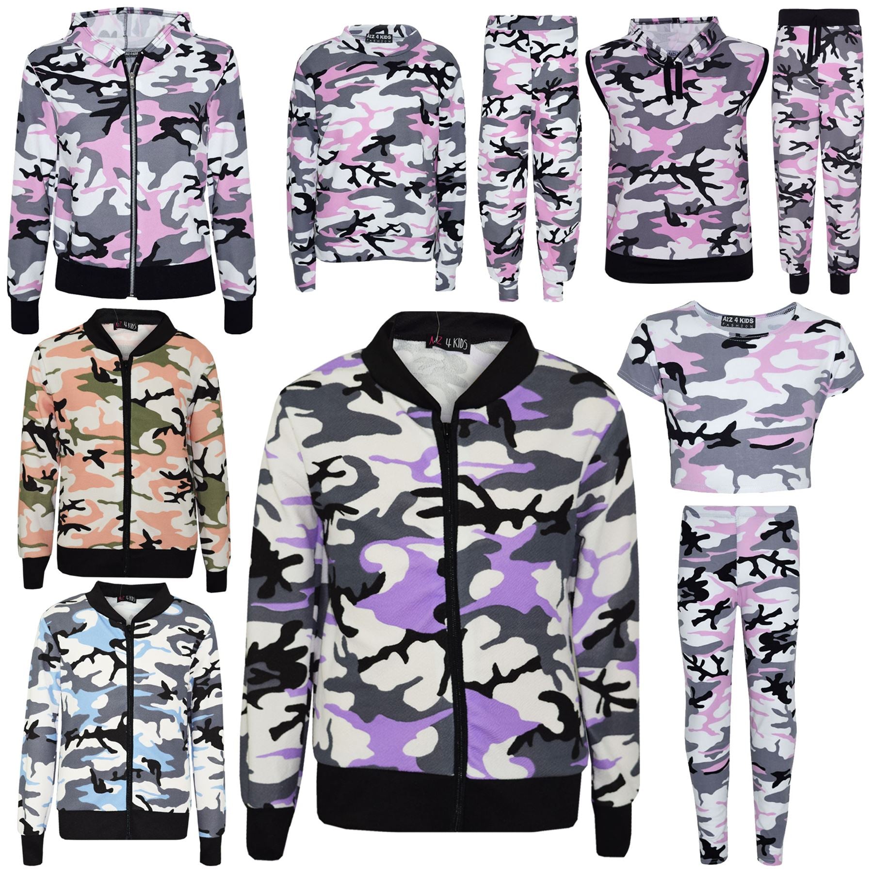 Kids Gilrs Camouflage Print Crop Top Legging Jacket Tracksuit Age 7-13 Years