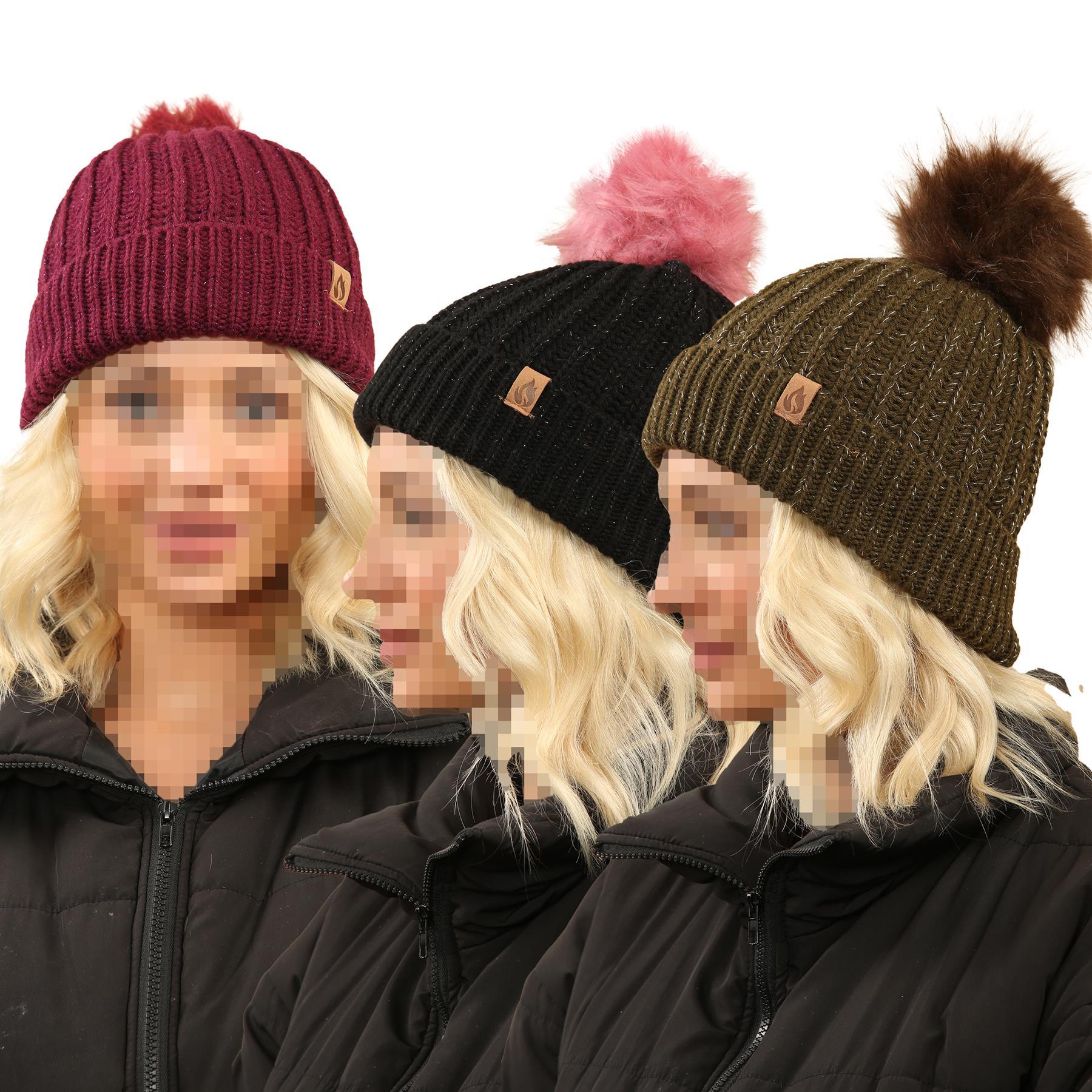 Ladies Hats Sparkle Fur Bobble Beanie Pom Pom Winter Warm Soft Plush Cosy Caps