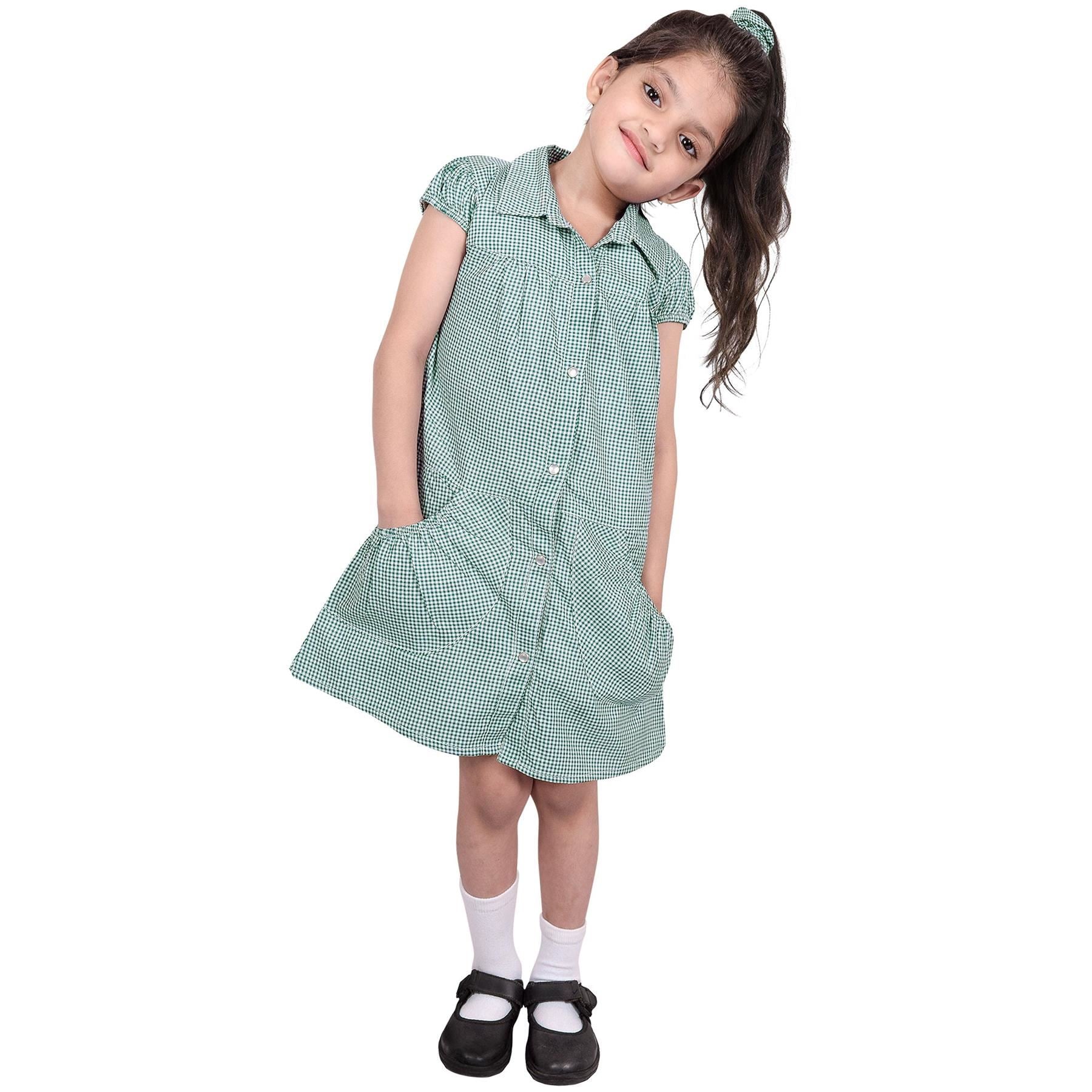 Girls Uniform School Dress Gingham Check Printed Dress With Matching Scrunchies