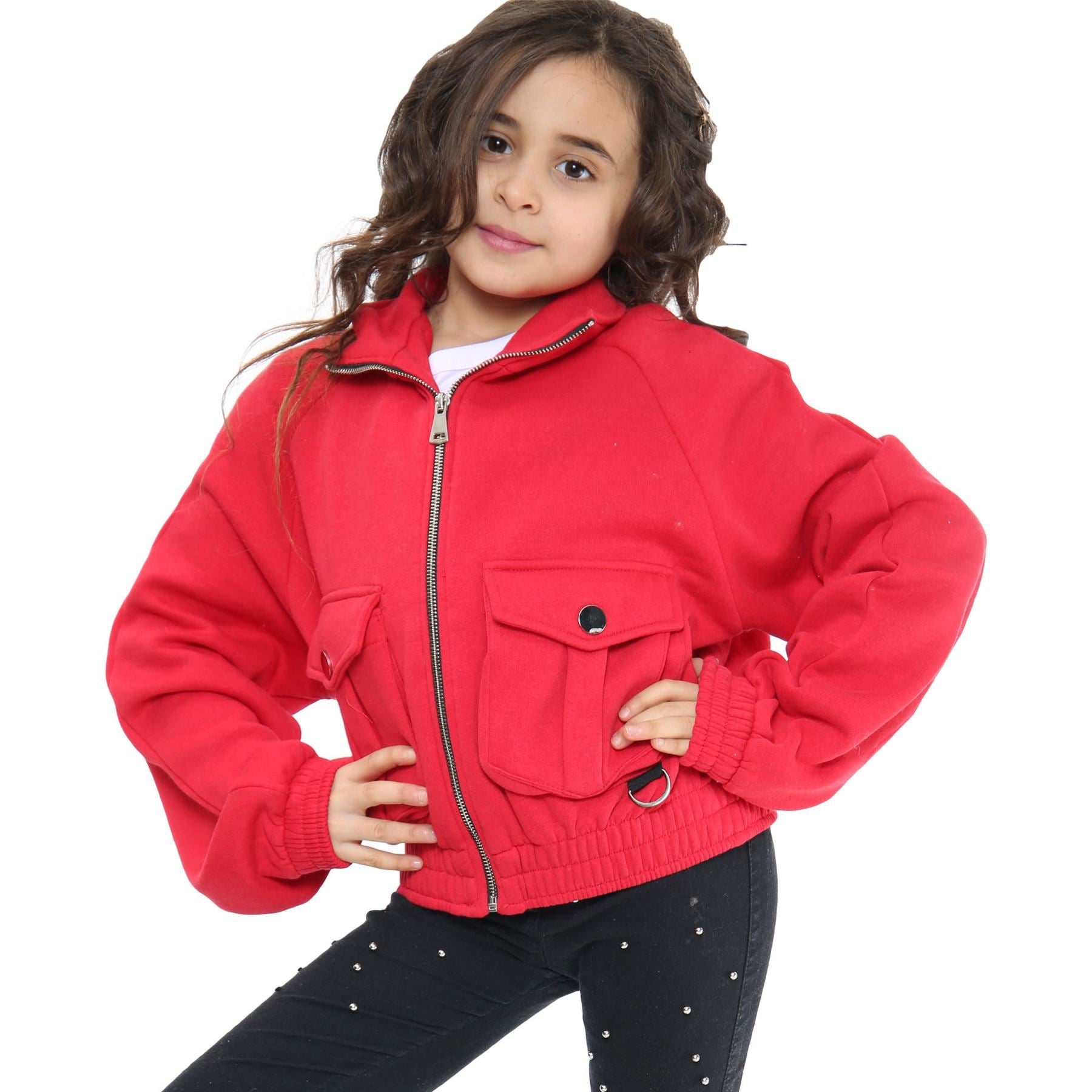 Kids Girls Plain Zip Up Cropped Red Jackets Utility Pockets Fleece Coats 7-13 Yr