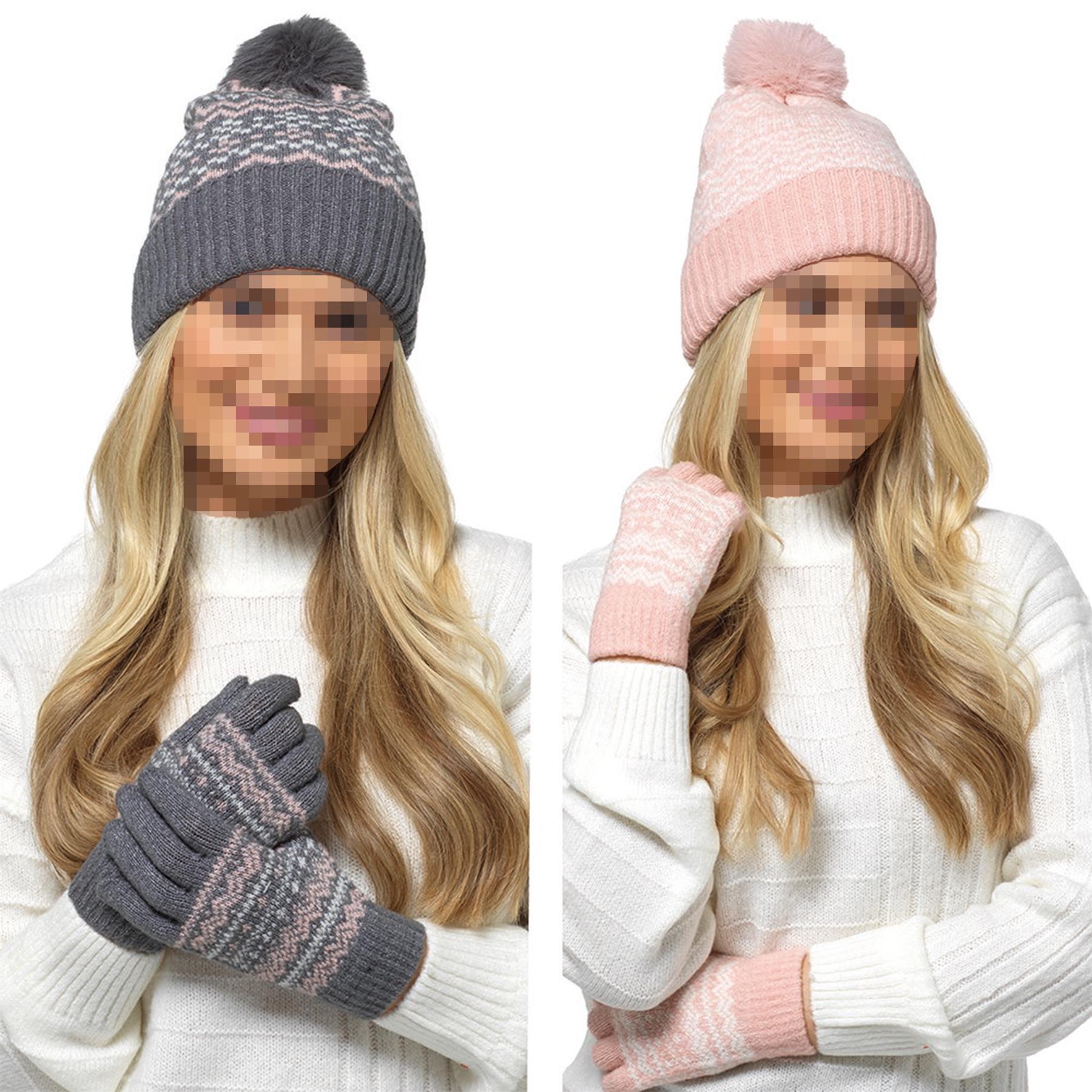 A2Z Ladies Hat Gloves Fairisle Knit Beanie Pom Pom Winter Warm Cozy Gloves Set