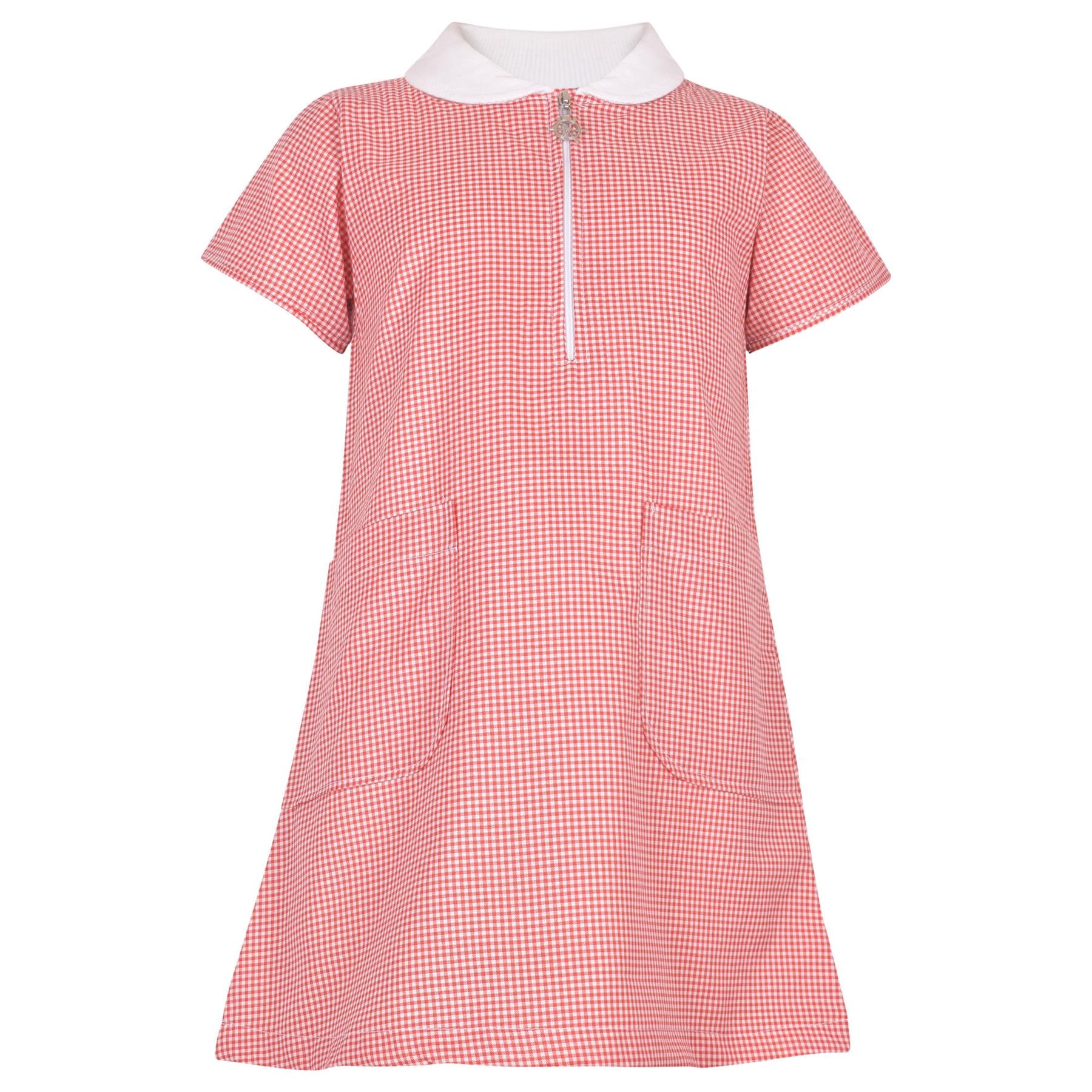 Girls Gingham School Dress Short Sleeve Check Zip Up Dresses With Scrunchies