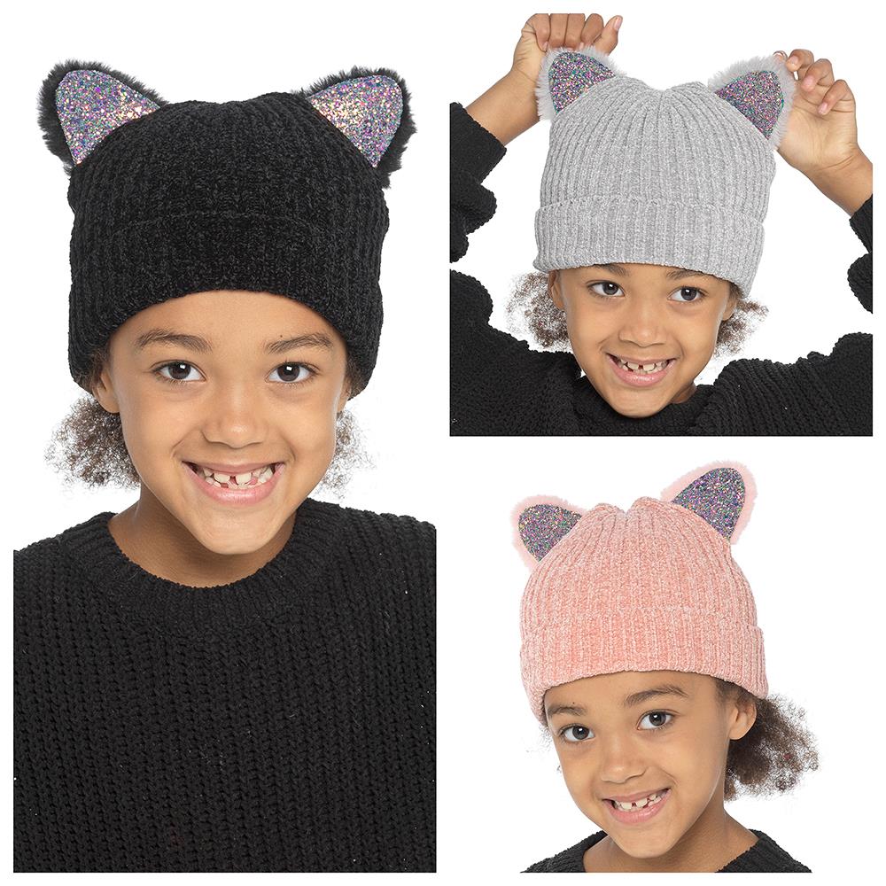 A2Z 4 Kids Girls Chenille Cute Cat Ears Beanie Knitted Hat Winter Warm Cozy Hats