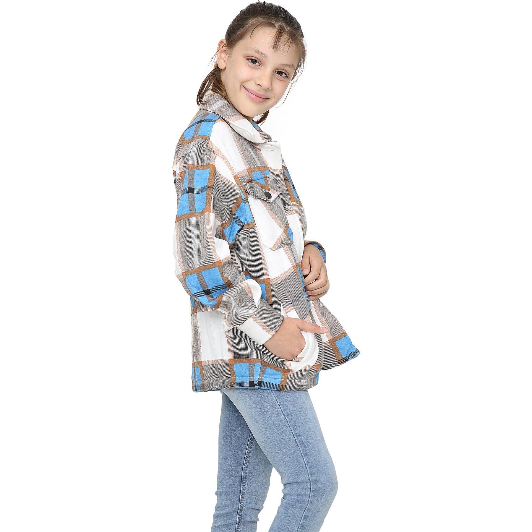 Kids Girls Check Print Blue Jackets Tunic Fleece Collared Fashion Coat 7-13 Year