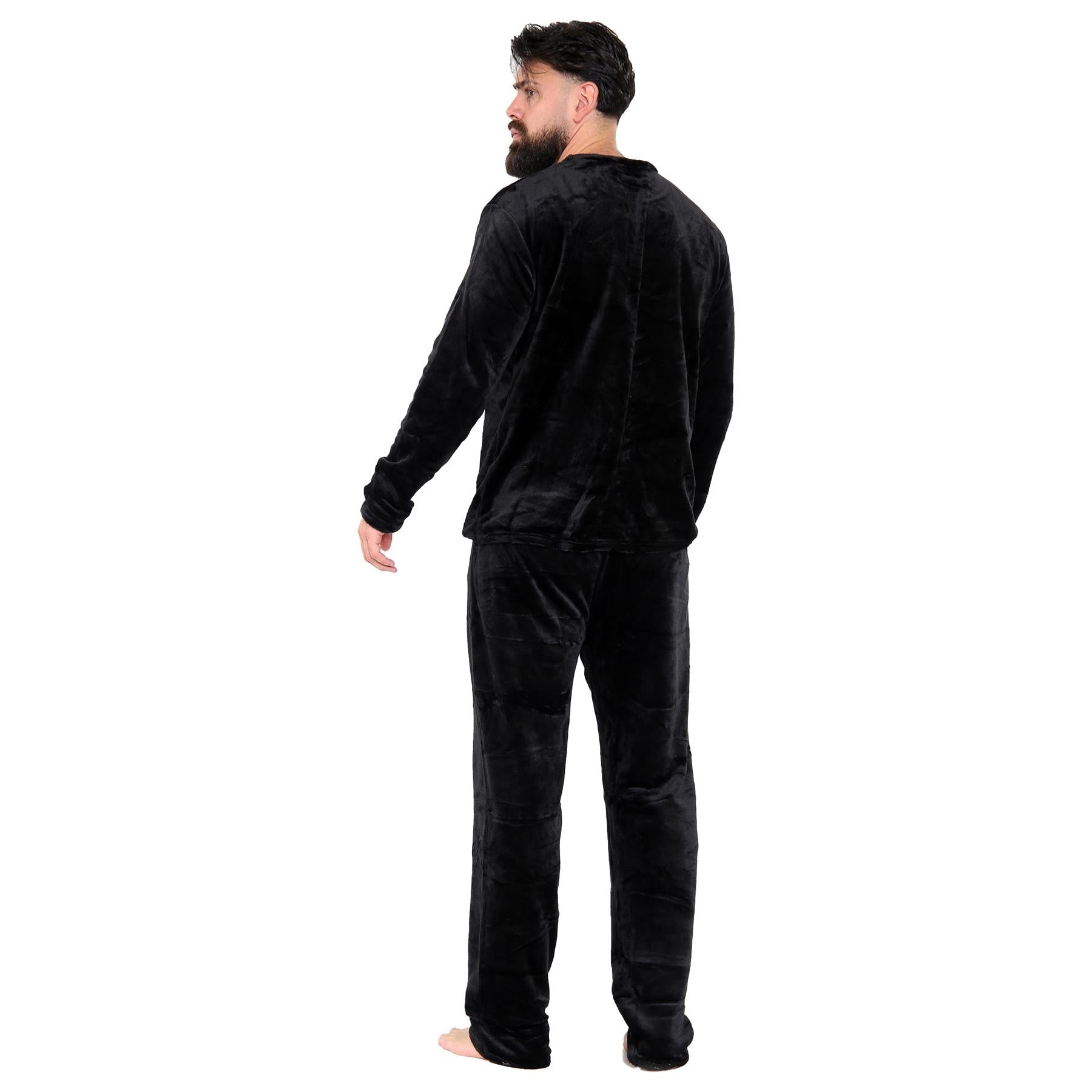 Mens Pyjamas Set Long Sleeve Crew Neck Plain Soft Fleece Pyjamas Set