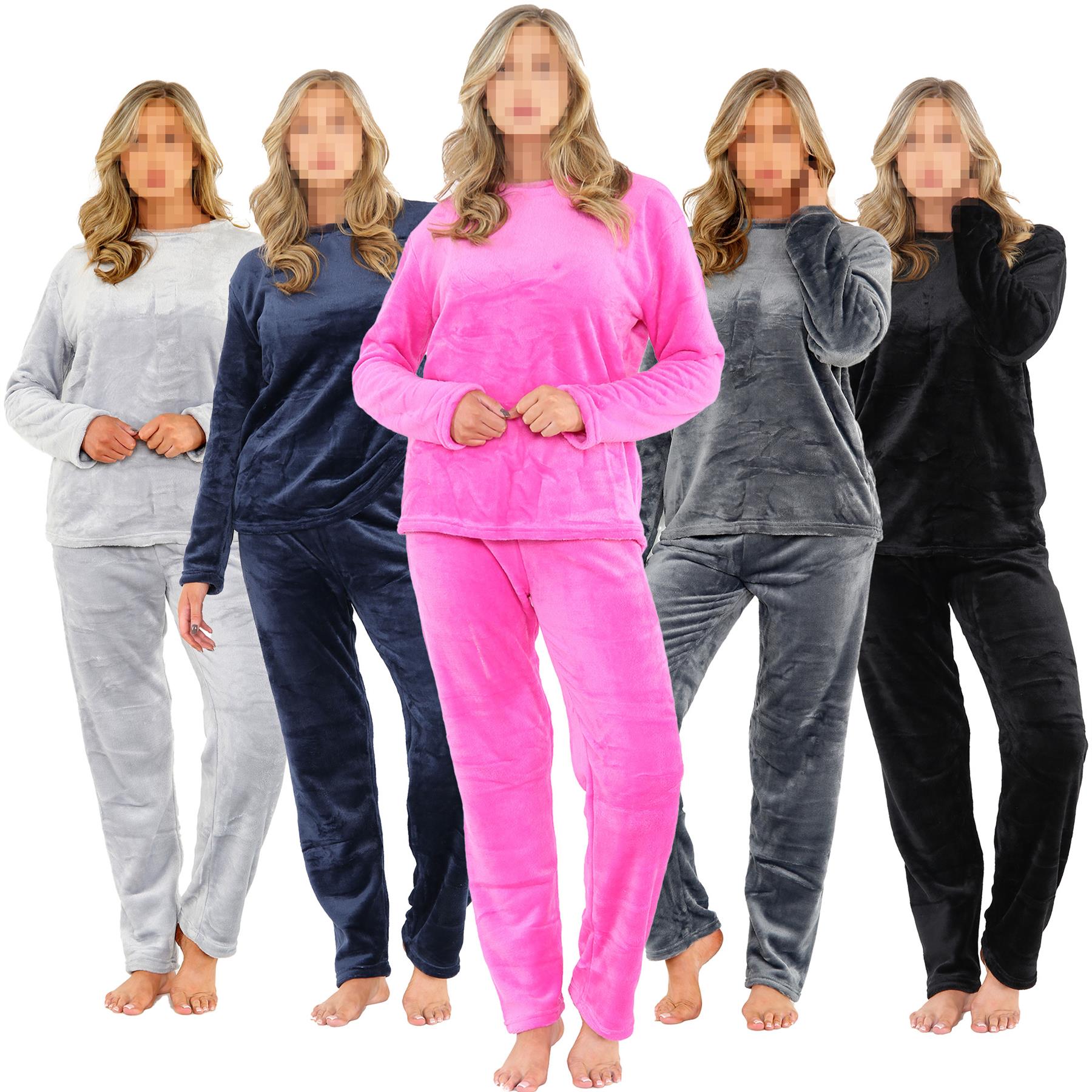 Ladies Pyjamas Soft Warm Fleece Adults Crew Neck Pyjamas 2 Piece Gift Set