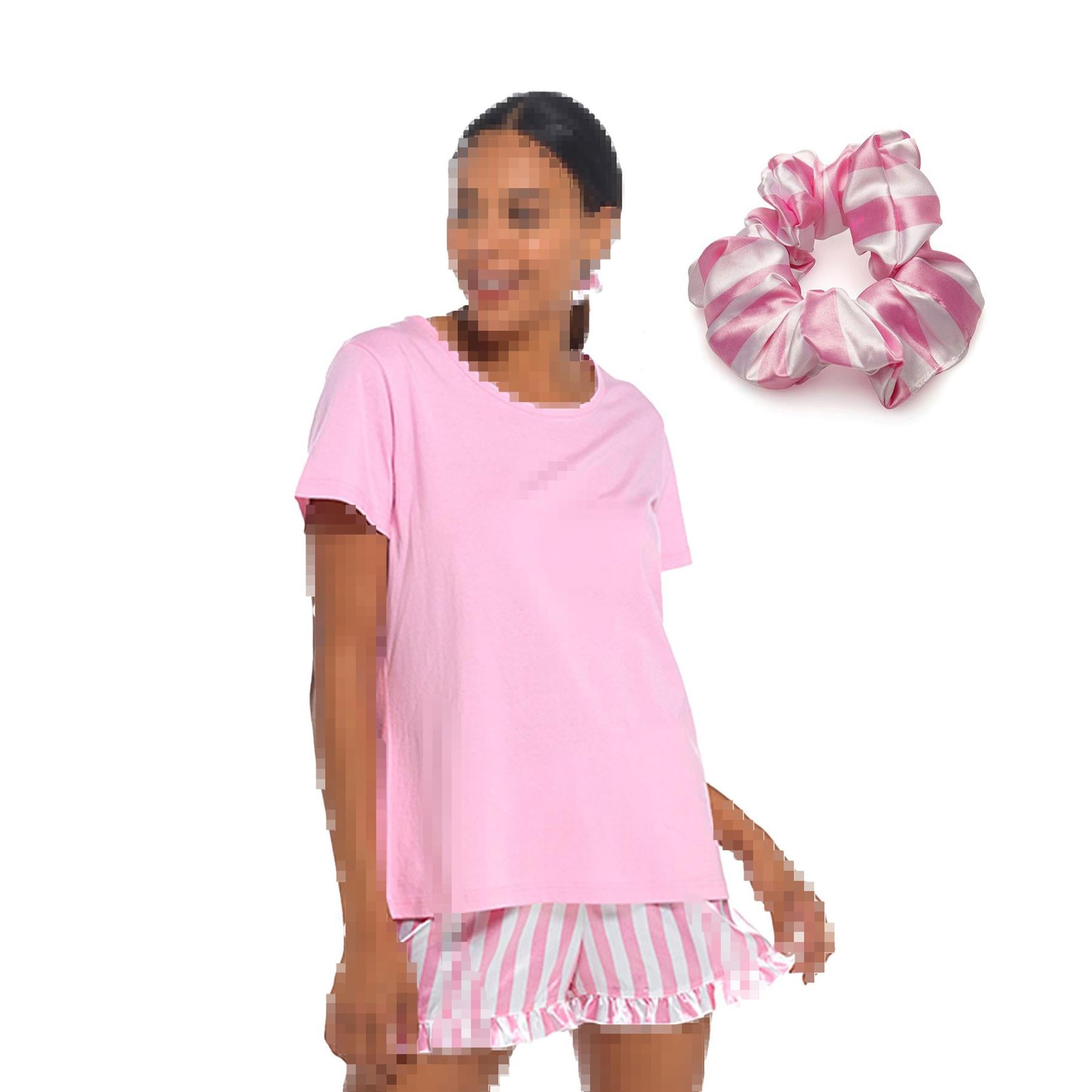 A2Z Ladies Short Sleeve Jersey Top Satin Stripe Shorts Pyjama Set With Scrunchie