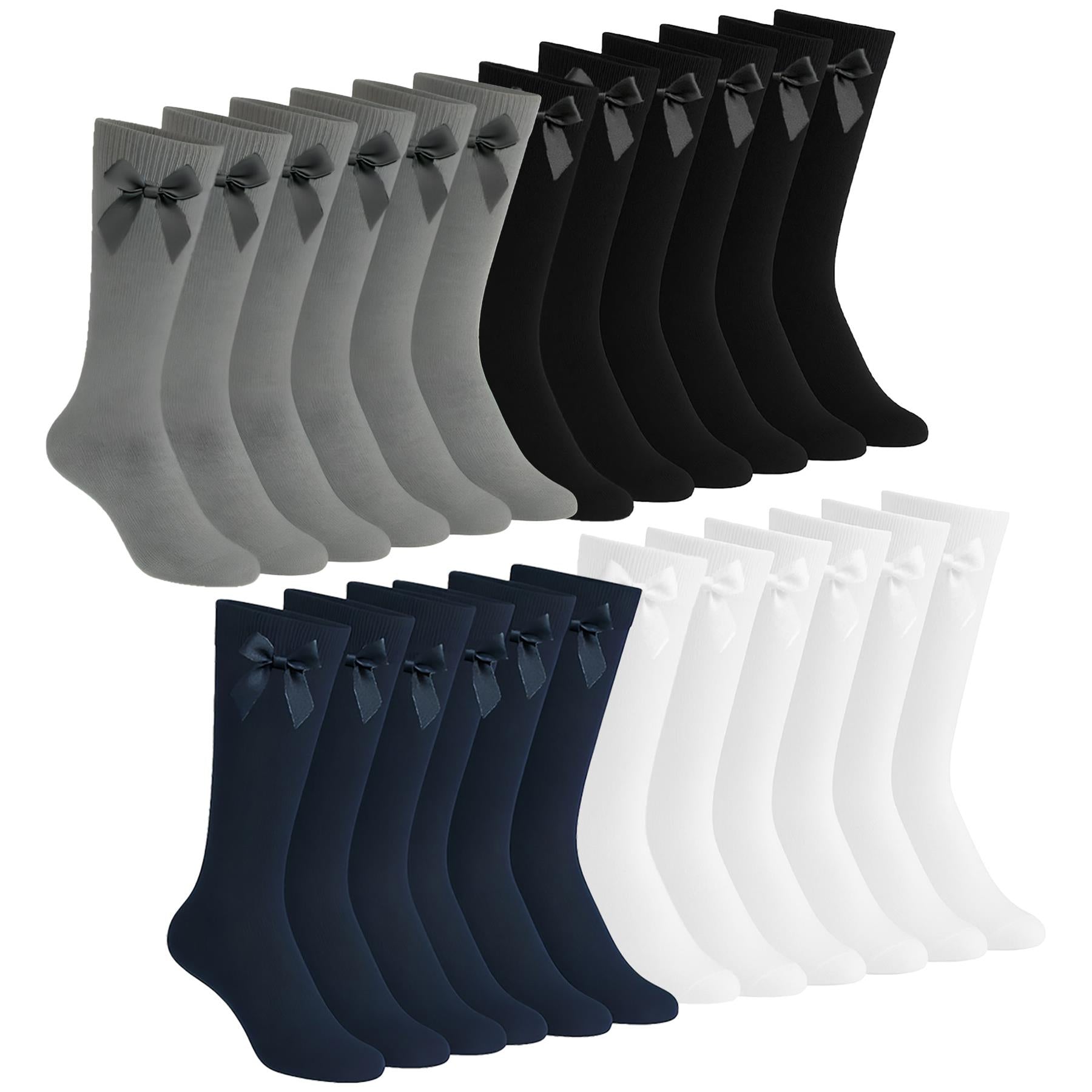 A2Z 4 Kids Girls 6 Pack Plain Knee High Socks With Ribbon Bow School Socks