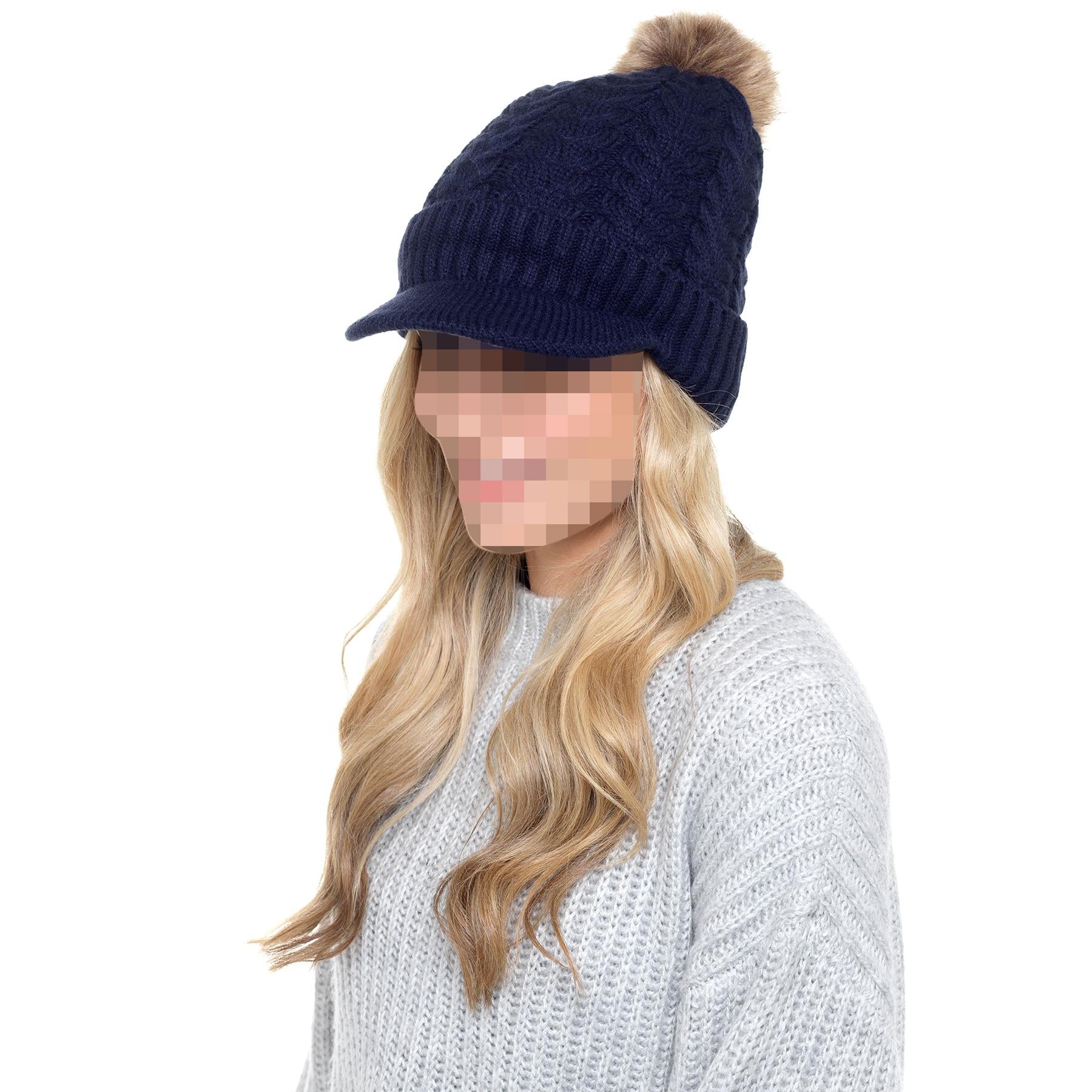 A2Z Ladies Hat Cable Knit Peaked Sherpa Detachable Pom Pom Winter Warm Cozy Caps