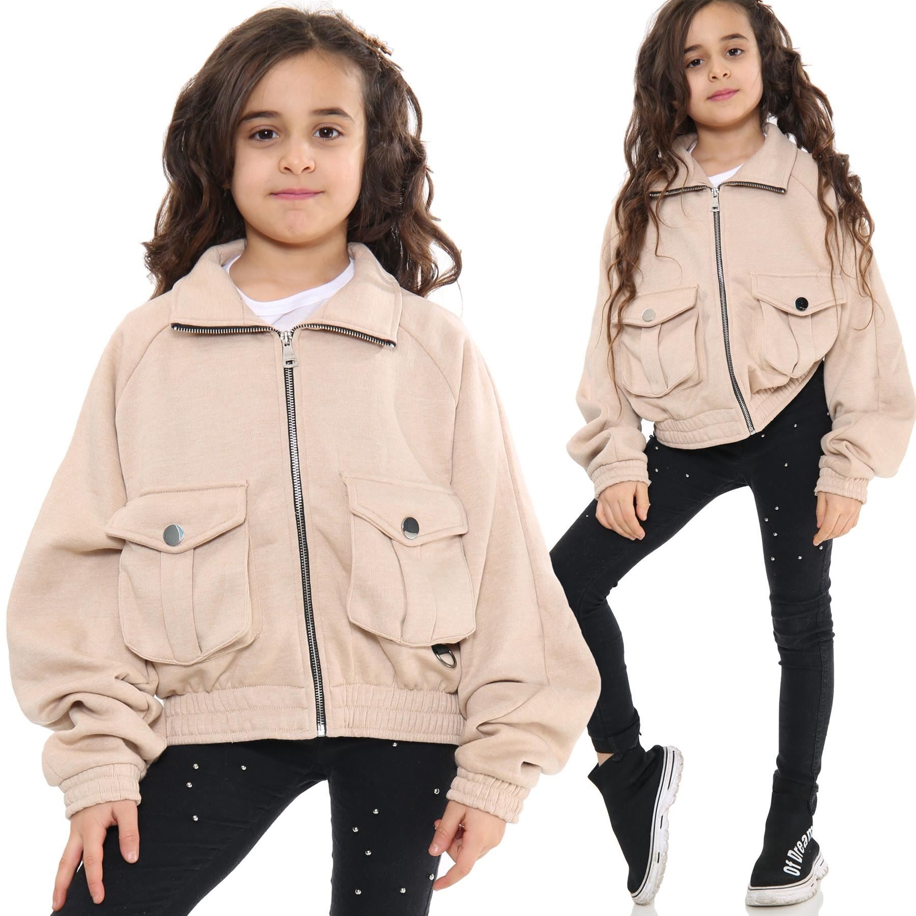 Kids Girls Plain Zip Up Cropped Jackets Utility Pockets Fleece Collared Coats