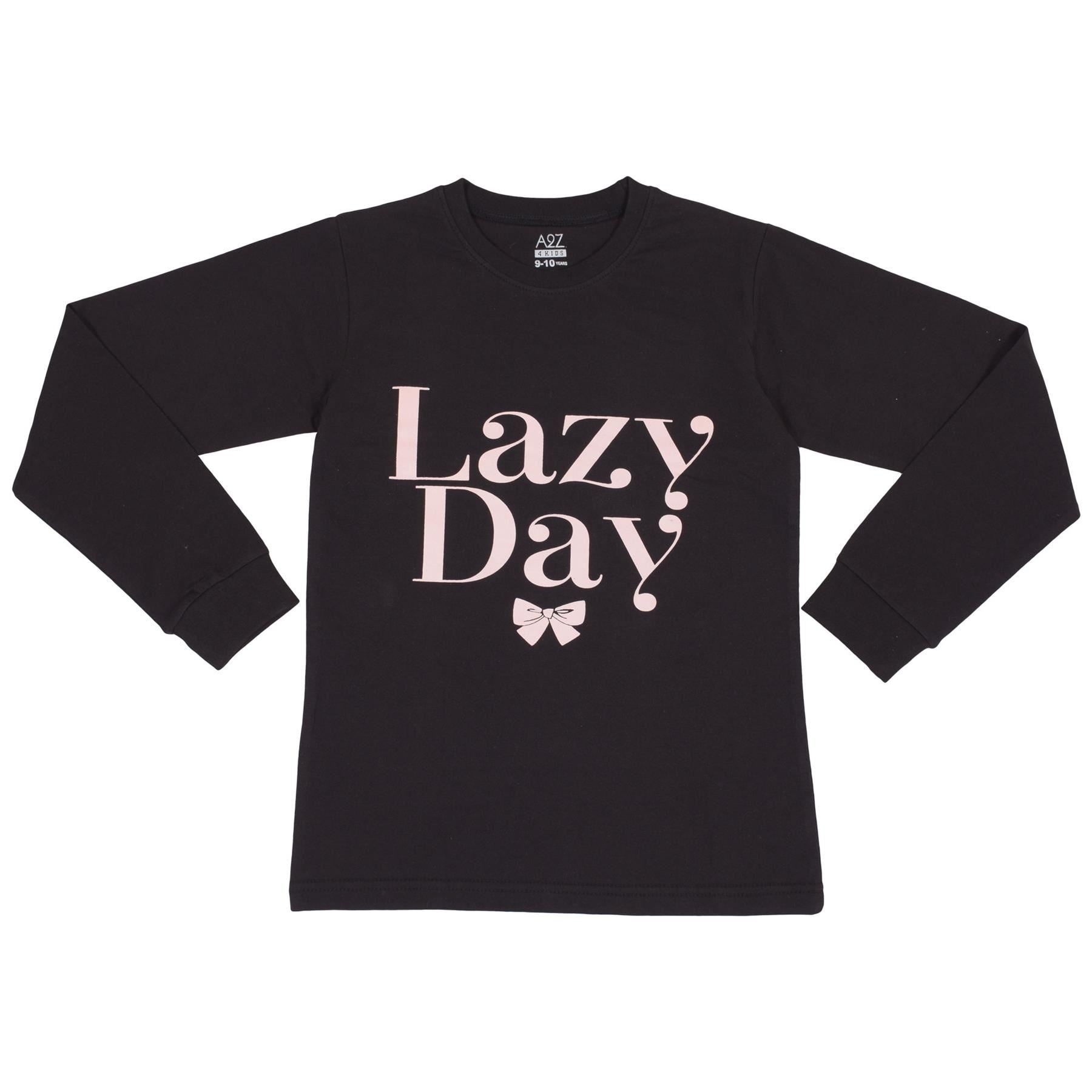 Kids Girls Pyjamas Lazy Day Print Black Lounge Suit Set