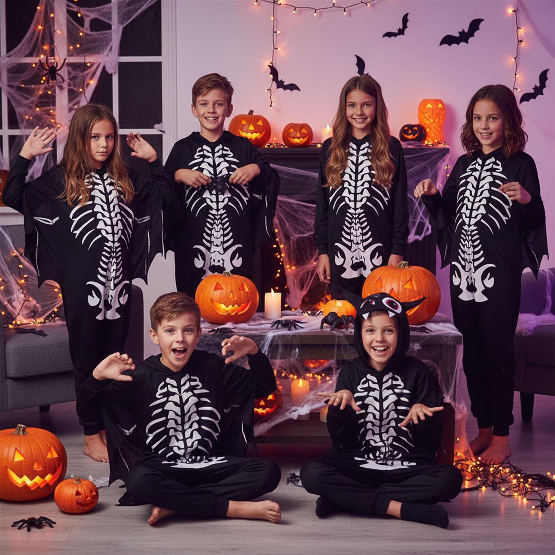 Kids Boys Girls Skeleton Halloween Bat Cosplay Costume