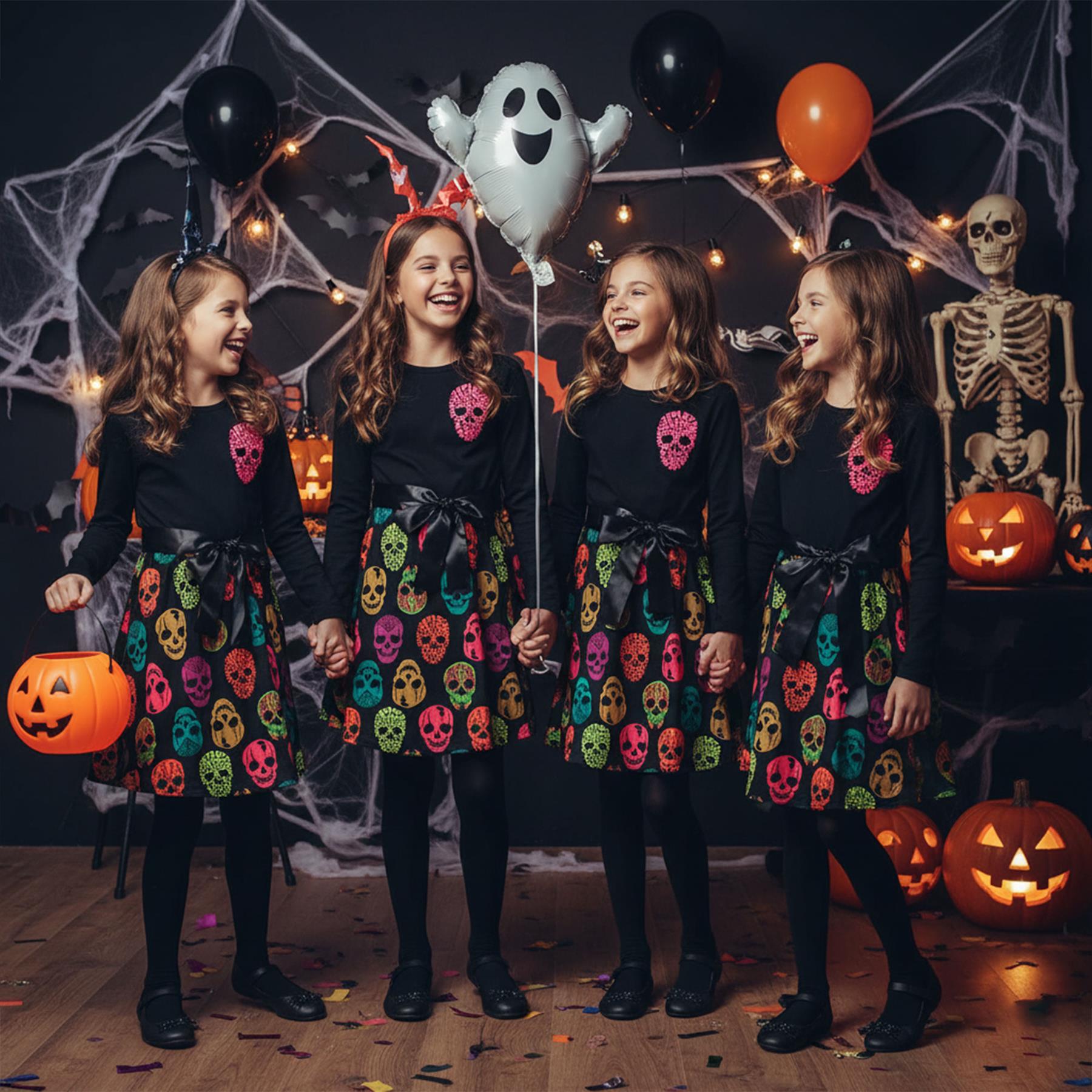 Girls Multi Colors Skull Print Halloween Skater Dress